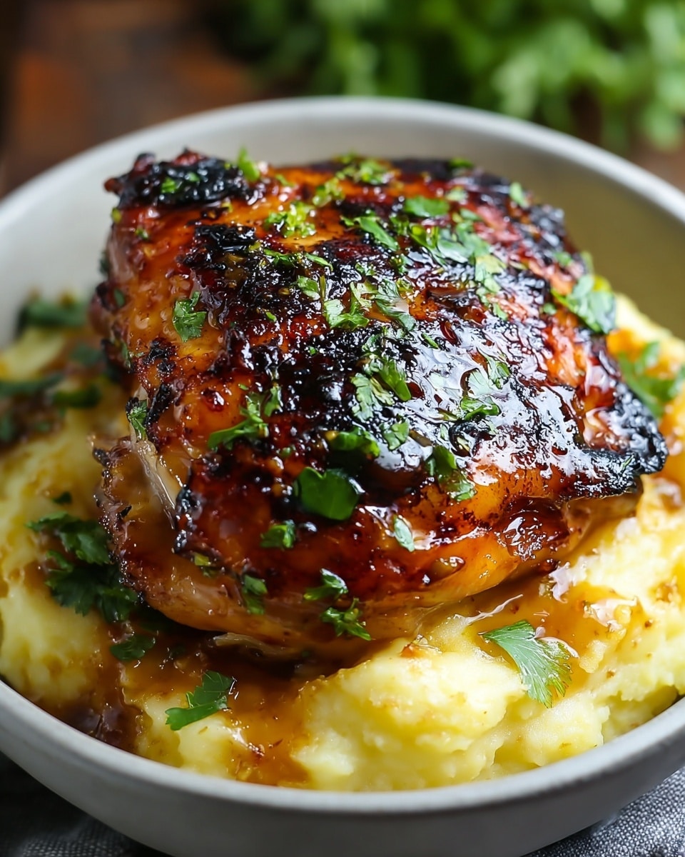 A white bowl holds a dish with two main layers; the bottom layer consists of creamy mashed potatoes with a slightly golden-brown sear, showing a soft and fluffy texture with bits of browned edges. On top sits a piece of glazed roasted chicken thigh with a shiny, sticky, dark brown sauce that has charred black spots, giving a rich, caramelized look. The chicken is garnished with bright green parsley leaves scattered on top and around the dish. The bowl is placed on a white marbled surface with a blurred background showing a white cloth. Photo taken with an iphone --ar 4:5 --v 7