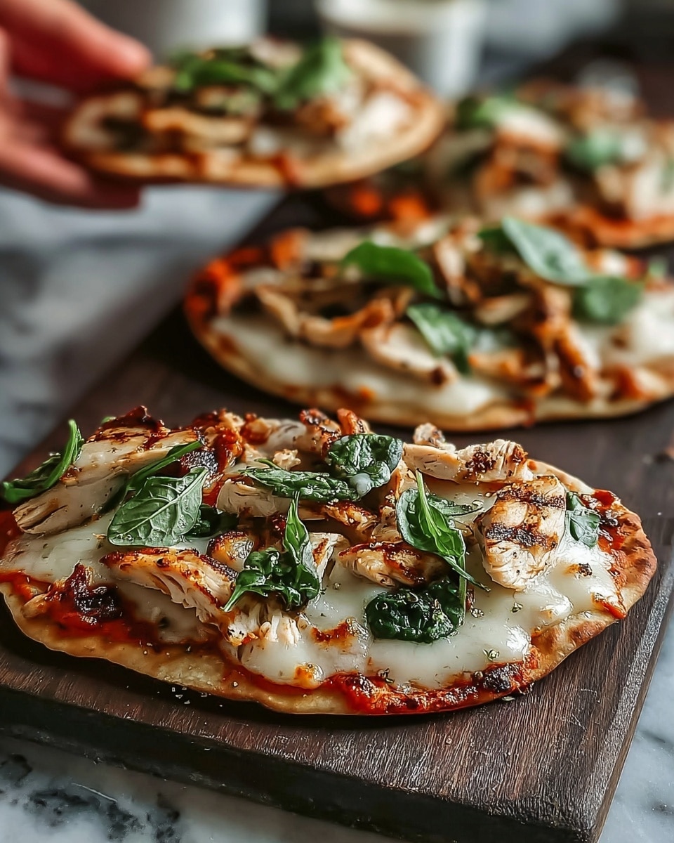 The image shows three small flatbread pizzas on a dark wooden board, placed on a white marbled surface. Each flatbread has a base layer of orange-red sauce, topped with melted white cheese that looks creamy and slightly browned in spots. On top of the cheese, there are pieces of grilled chicken with a golden-brown sear, slices of red bell pepper, and fresh chopped green spinach scattered evenly. The edges of the flatbread are slightly crisped and golden, while the toppings create a mix of warm colors and textures. Photo taken with an iphone --ar 4:5 --v 7