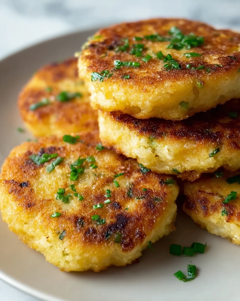 The image shows a stack of four golden-brown patties on a white plate with a blue rim, each with a crispy, slightly uneven texture and visible green herbs mixed into the dough. The top patty is garnished with a small sprig of fresh thyme and scattered chopped green herbs. Around the patties, there are additional fresh thyme sprigs placed on the plate, adding a touch of green. The plate sits on a white marbled surface with a blue cloth napkin partially visible underneath. In the blurred background, there is a white cup and a small bowl, likely holding butter, adding context to the dish. photo taken with an iphone --ar 4:5 --v 7