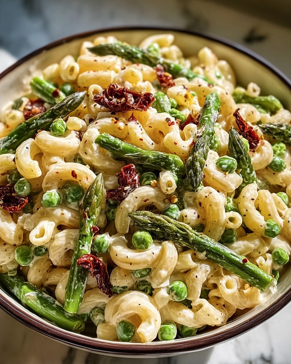 A close-up view of a bowl filled with creamy elbow macaroni pasta mixed with bright green peas and grilled asparagus spears scattered evenly throughout. The pasta is coated in a smooth white sauce with tiny black pepper specks visible. On the top of the dish, there are small pieces of dark red sun-dried tomatoes adding a pop of color and texture. The bowl holding the food is white with a dark rim, and it sits on a white marbled surface, softly lit by natural light. photo taken with an iphone --ar 4:5 --v 7