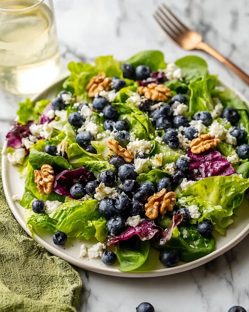 A fresh salad served on a white plate with a variety of green and purple leafy lettuce forming the base layer, topped with bright blue blueberries scattered evenly, small white crumbly cheese pieces spread throughout, and light brown walnut halves placed on top, all resting on a white marbled surface with a green cloth partially visible near the bottom left and a clear glass of water blurred in the background. photo taken with an iphone --ar 4:5 --v 7