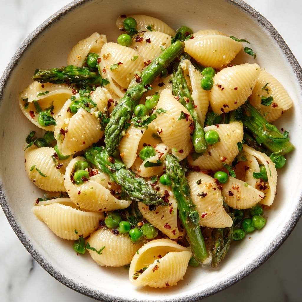 A close-up of a bowl filled with three layers of food, the bottom layer shows small shell-shaped pasta with a smooth, creamy pale yellow color and slight glossiness. The middle layer has bright green asparagus pieces and peas, both slightly shiny and freshly cooked. The top layer is sprinkled with small red chili flakes and finely chopped green herbs, scattered evenly over the pasta and vegetables, adding texture and color contrast. The bowl is white with a matte surface, placed on a white marbled surface with soft lighting that highlights the textures and colors. photo taken with an iphone --ar 4:5 --v 7
