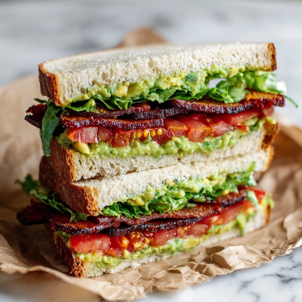 The image shows a close-up of a sandwich cut in half and wrapped in light brown paper, resting in a basket. Each half has five visible layers: the top layer is light beige bread with a soft, porous texture, followed by a fresh green lettuce leaf with crisp edges, underneath that is several thin, dark brown grilled strips, then thick slices of bright red tomato with some shine, and the bottom layer is the same bread spread with a chunky green avocado mix. The background is a white marbled texture with a soft beige cloth partially visible. Photo taken with an iphone --ar 4:5 --v 7