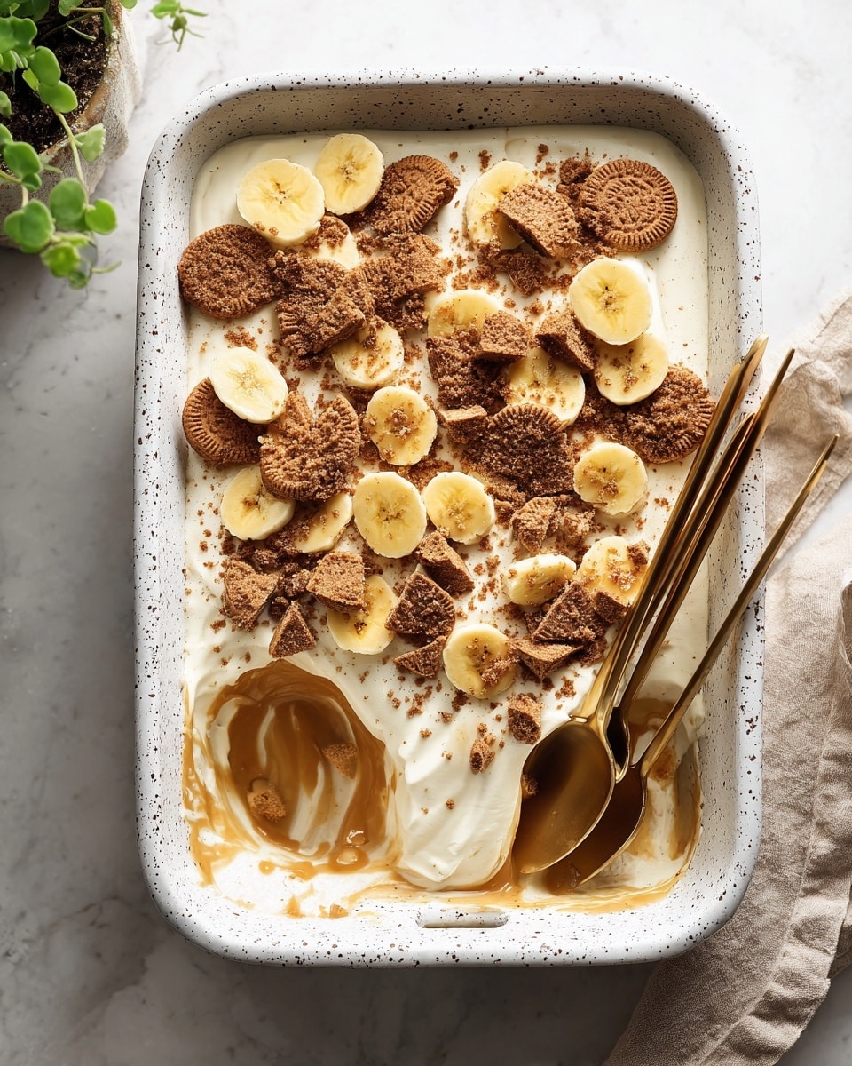 A white speckled rectangular dish filled with a creamy, smooth white layer topped with evenly scattered slices of fresh banana in a pale yellow color, and broken pieces of brown cookies. The bananas and cookies create a textured and colorful topping over the creamy base, with some cookie crumbs sprinkled lightly around. The dish sits on a white marbled surface, with a small green potted plant blurred in the background. photo taken with an iphone --ar 4:5 --v 7