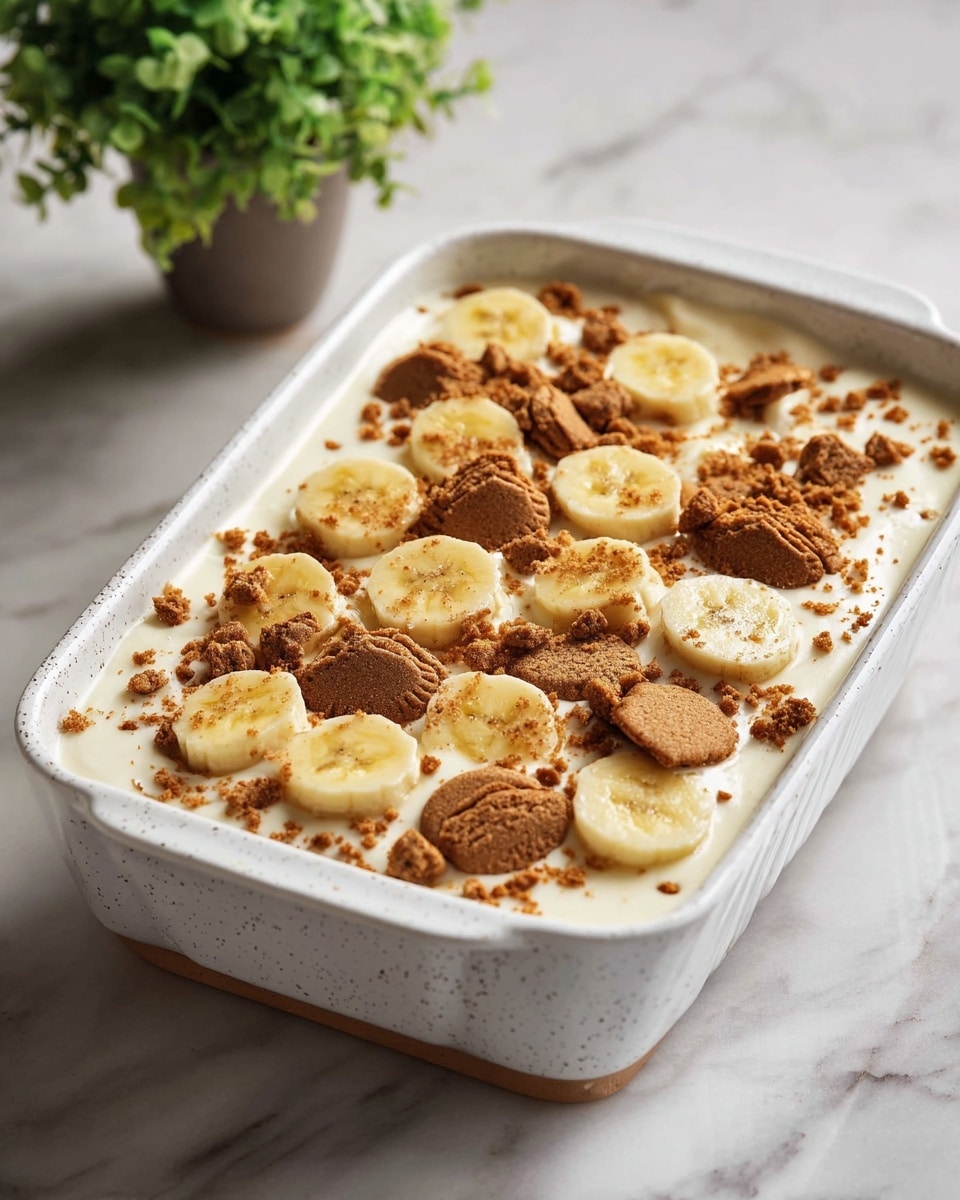 A white speckled ceramic baking dish holds a creamy dessert with three visible layers: a smooth, white creamy layer on top, decorated with scattered banana slices and broken brown cookies unevenly spread across the surface, some whole and some in pieces; below, a rich caramel-brown layer can be seen where two golden spoons have scooped some out near one corner, revealing the creamy texture dripping onto the sides of the dish. The dish is placed on a white marbled texture surface with a small green potted plant partially visible in the upper left corner. Photo taken with an iphone --ar 4:5 --v 7