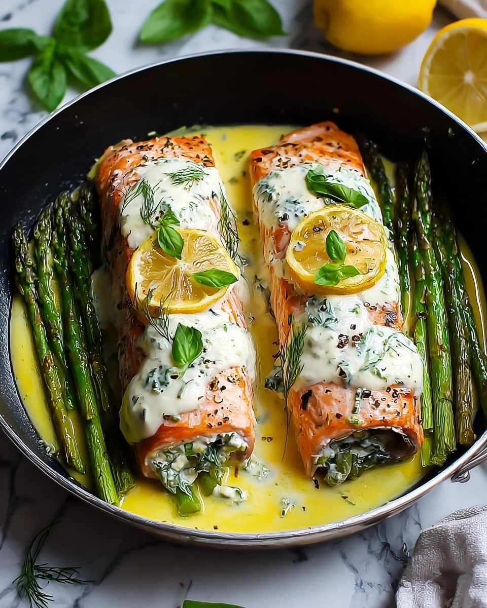 Two thick salmon rolls with bright pink skin and black pepper flakes are filled with white cheese and yellow pieces, possibly lemon slices, resting in a shallow white bowl. The rolls are topped with a light creamy sauce with green herb leaves scattered on top. Around the salmon are vibrant green asparagus stalks soaking in a yellow buttery sauce. The dish is placed on a white marbled surface with green leaves and a yellow lemon blurred in the background. Photo taken with an iphone --ar 4:5 --v 7
