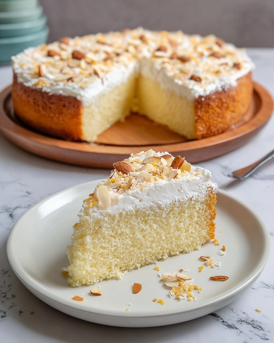 The image shows a single slice of light yellow cake with a browned base, placed on a white plate. The cake has one layer with a thick white topping that looks creamy and slightly fluffy, sprinkled with thin toasted almond flakes and small golden crumbs. In the background, the rest of the round cake is visible on a round wooden board, showing the same single-layer yellow cake with white topping and scattered almond flakes on top. The whole setting is on a white marbled surface. Photo taken with an iphone --ar 4:5 --v 7