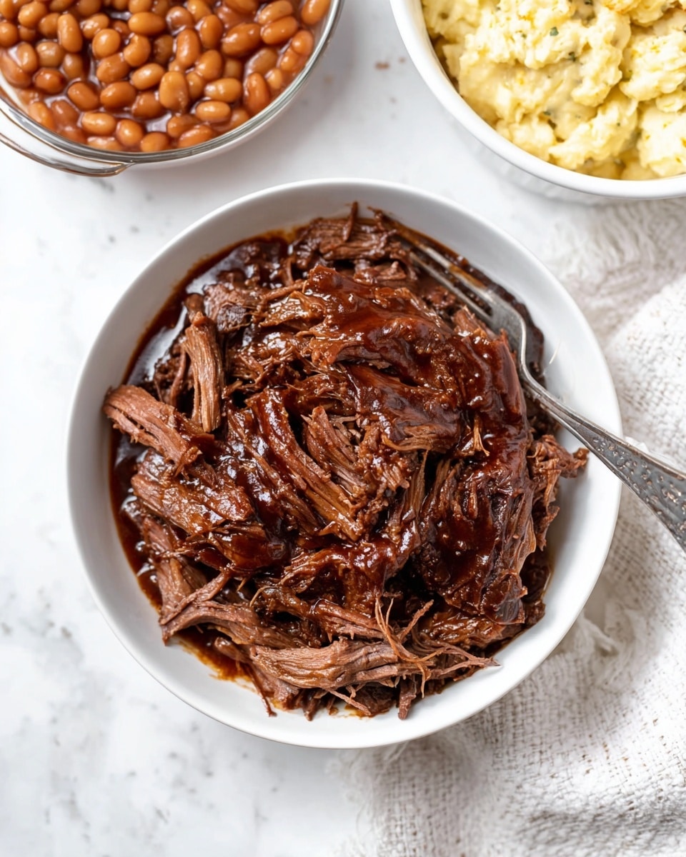 In a white bowl, there is one layer of shredded beef covered with a dark, glossy sauce that highlights the meat's fibrous texture and deep brown color. The beef looks tender and juicy with strands spread unevenly, showing both thicker and finer pieces across the bowl. On the right side of the bowl, a fork rests partially inside the beef. Near the top left corner of the image, there is a glimpse of another white bowl filled with light brown beans in a thick sauce, and at the bottom left, part of a white bowl holds creamy, pale yellow mashed potatoes. Everything is placed on a white marbled surface with a small part of a cream knitted cloth visible on the right side. photo taken with an iphone --ar 4:5 --v 7