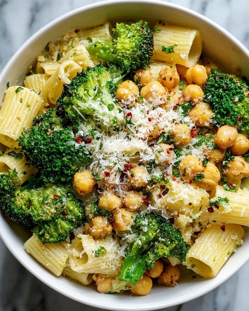 A white bowl filled with three main layers: the bottom layer is ridged pasta pieces in light yellow, the middle layer has bright green broccoli florets and golden chickpeas scattered around, and the top layer is a fine sprinkle of white grated cheese with small bits of green herbs and some red chili flakes on top. The textures look soft for pasta, slightly firm for broccoli, and smooth for chickpeas, all sitting on a white marbled surface. photo taken with an iphone --ar 4:5 --v 7
