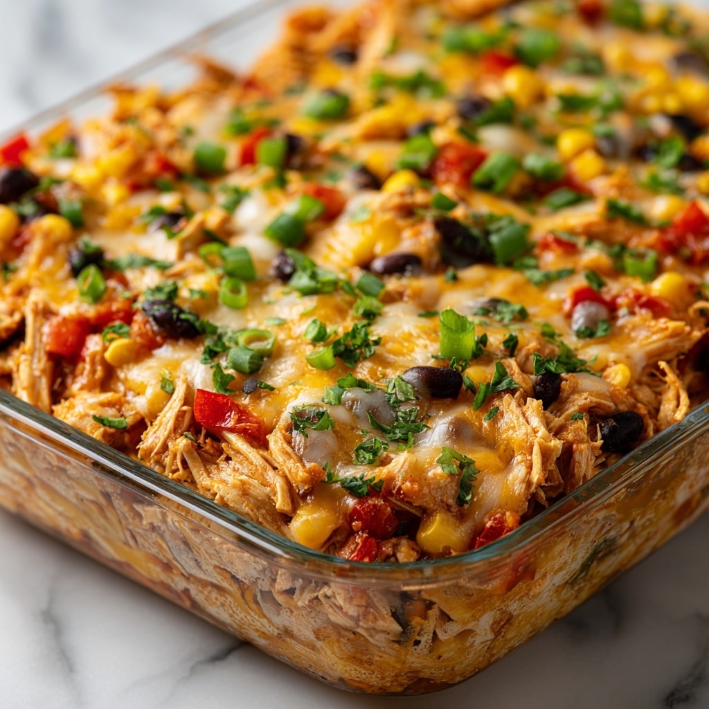 A white plate with ridged edges holds a colorful layered dish. The bottom layer is shredded chicken mixed with black beans, yellow corn, and red bell pepper pieces, showing a mix of light brown, black, yellow, and red colors. Scattered on top and around the edges are small green avocado chunks and sliced green spring onions. In the center is a dollop of white creamy sauce. Small green herb pieces are sprinkled over the dish and plate. The plate sits on a white marbled textured surface. Photo taken with an iphone --ar 4:5 --v 7