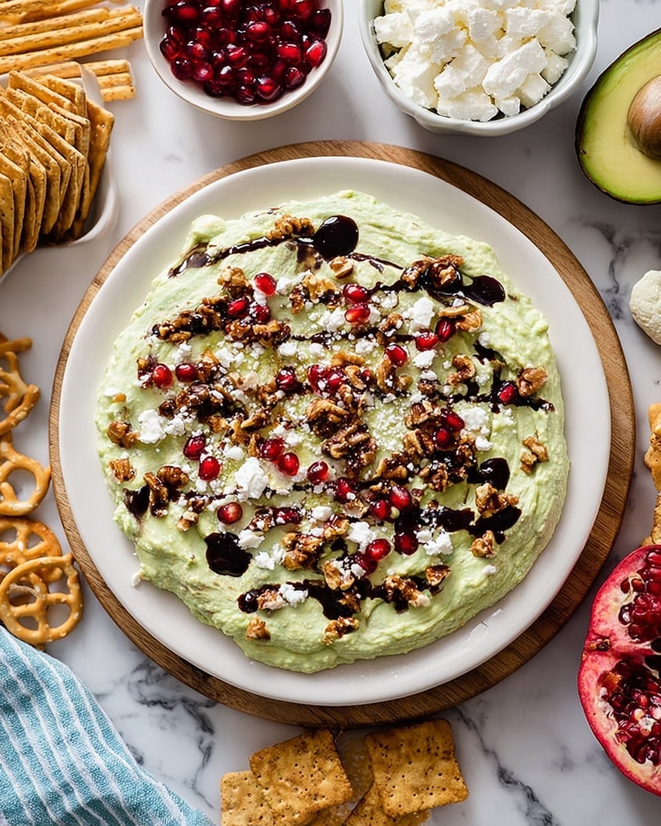 The dish is a spread of pale green creamy dip spread thinly and unevenly on a round white plate placed on a wooden board. On top, there are scattered pieces of dark brown toasted walnuts, small bright red pomegranate seeds, and white crumbled cheese, all drizzled with dark balsamic glaze with a slightly shiny texture. The plate is surrounded by bowls of white cottage cheese, whole and cut dark purple avocado, and a halved bright red pomegranate, all on a white marbled surface. There is also a bundle of crisp square crackers and pretzels to the left with a blue-striped towel. Photo taken with an iphone --ar 4:5 --v 7