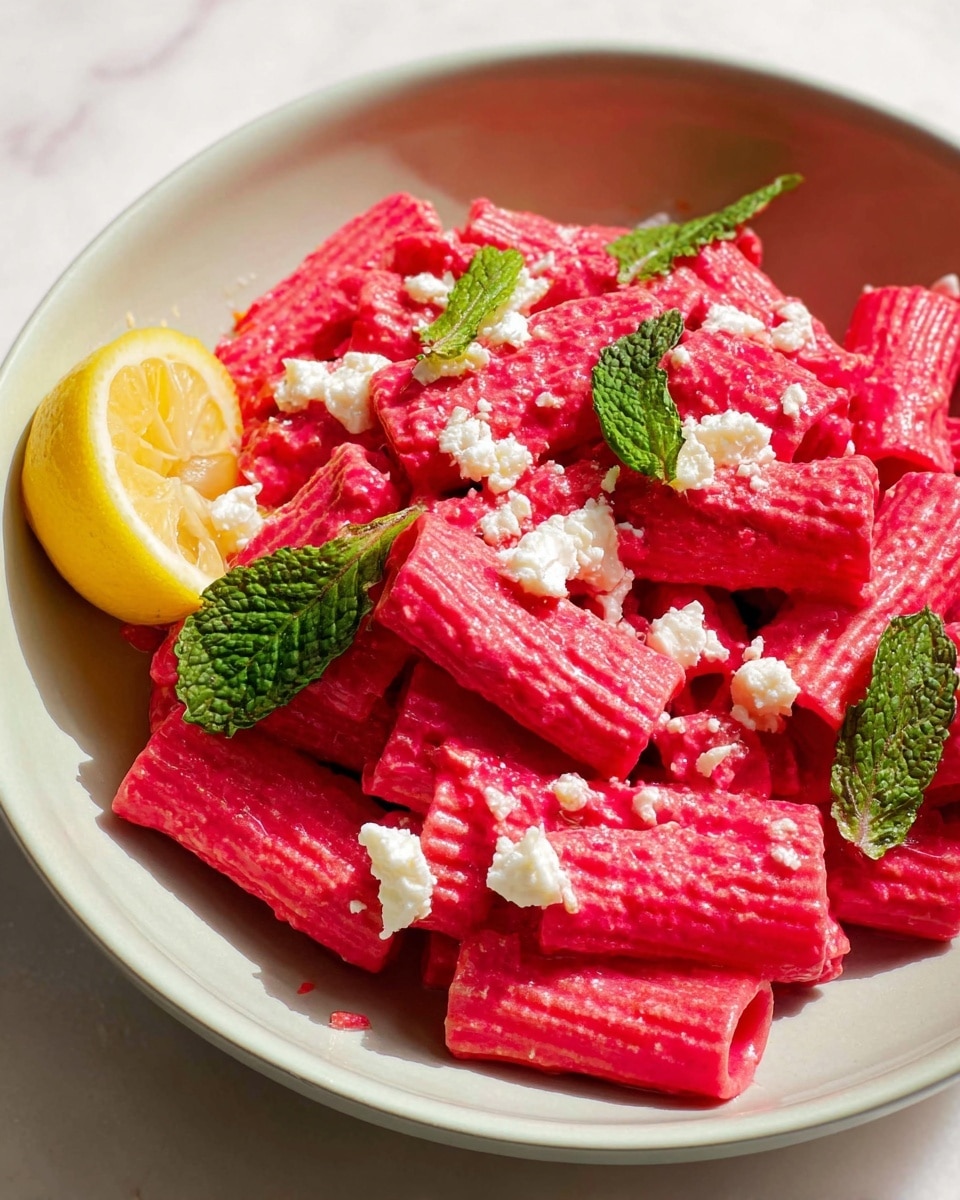 A close-up of a white bowl filled with rigatoni pasta coated in a bright pink sauce, topped with small crumbles of white cheese and a few fresh green mint leaves scattered on top. On the left side of the bowl sits a single lemon wedge with a yellow, slightly glossy texture. The pasta pieces have a ridged surface and are evenly covered in the vibrant pink sauce. The scene is set against a white marbled texture background. photo taken with an iphone --ar 4:5 --v 7