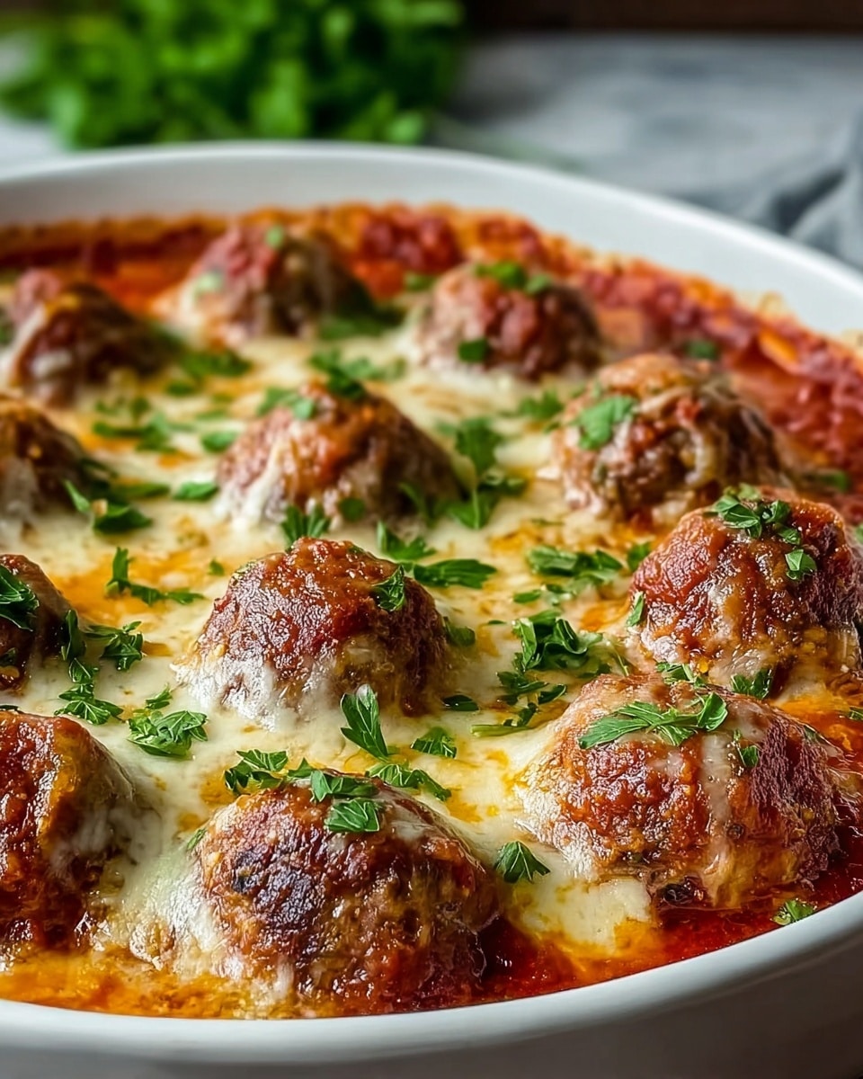 A close-up of a pizza topped with about two layers: the base layer is melted creamy white cheese with patches of golden oily spots, and on top are evenly spaced browned meatballs covered with melted cheese and a drizzle of red tomato sauce. Fresh green parsley leaves are scattered across the pizza, adding a bright contrast to the warm colors of the cheese and meatballs. The edges of the pizza crust are golden brown, and the whole pizza is set against a white marbled texture. photo taken with an iphone --ar 4:5 --v 7