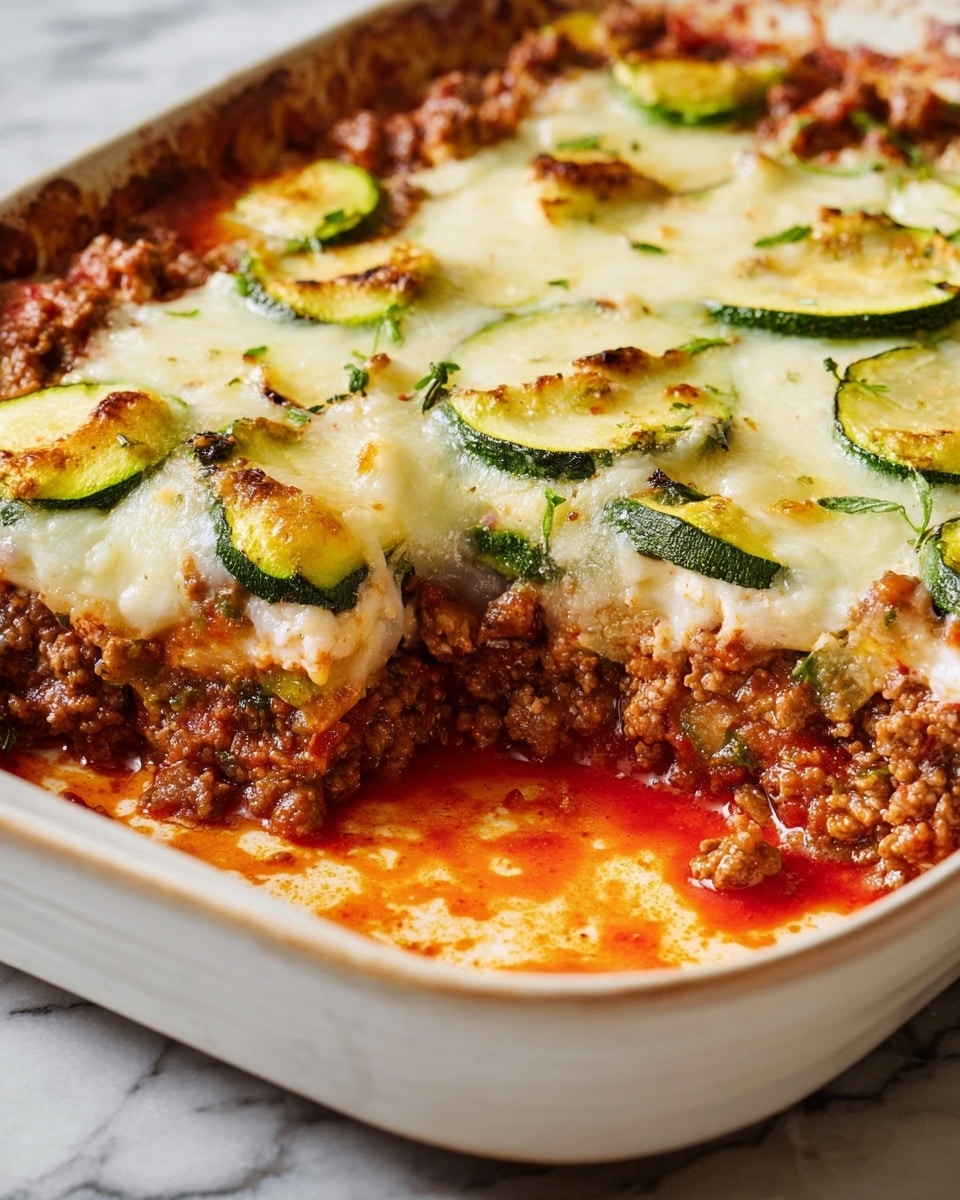 The dish is a layered baked casserole in a white ceramic baking dish. The bottom layer is a bright red tomato sauce with a slightly chunky texture. On top of that, there is a thick layer of brown cooked ground meat mixed with some green herbs. Above the meat, there is a layer of melted white cheese with a bubbly and golden brown surface. The top layer has slices of green zucchini that are slightly browned and roasted, scattered evenly across the cheese. The bake is visibly hot and gooey with some sauce spilled around the edges. The photo is taken on a white marbled surface. photo taken with an iphone --ar 4:5 --v 7