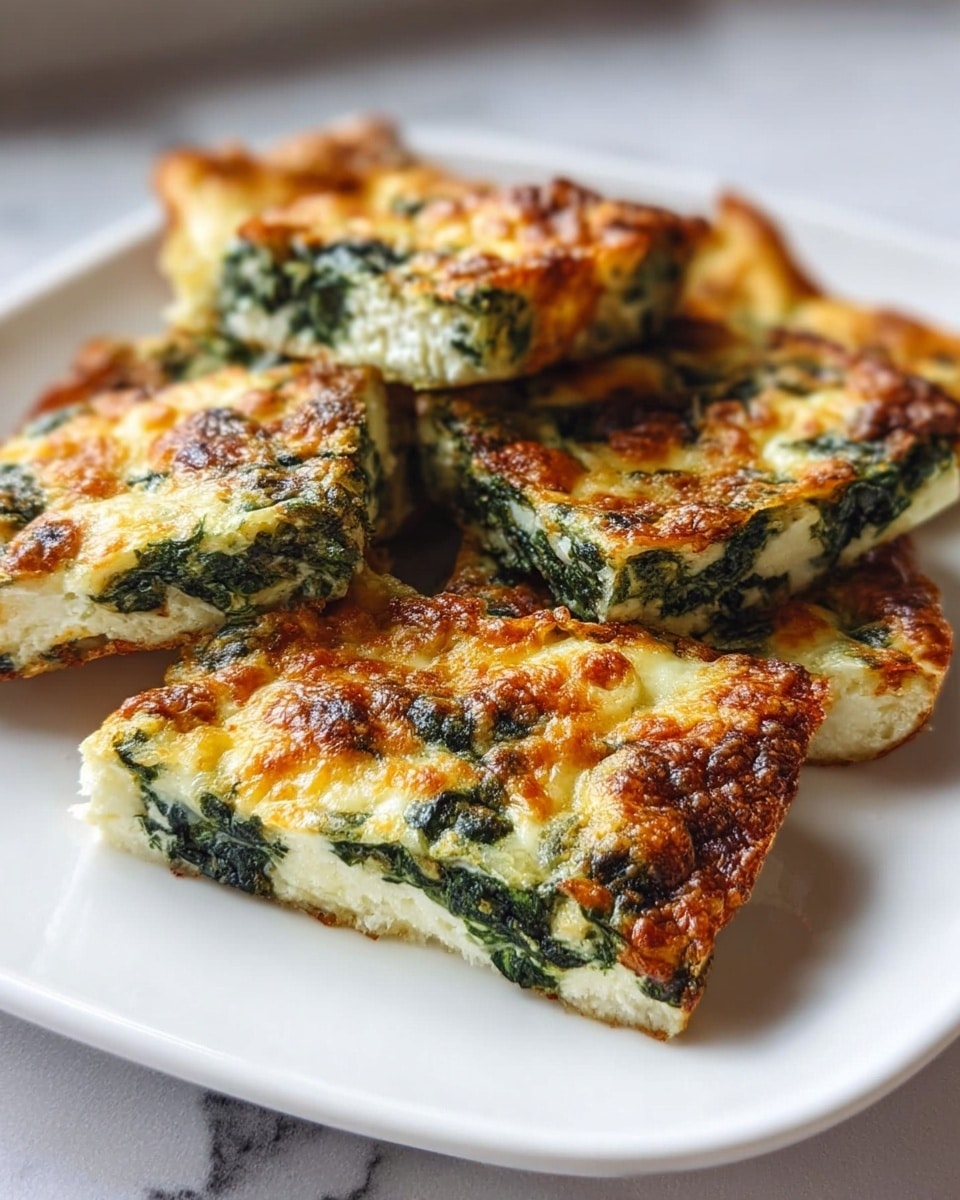 The image shows six square pieces of spinach and cheese frittata stacked slightly on a white plate. Each piece has a golden-brown, crispy top layer with green spinach leaves and white cheese visible inside, giving a speckled texture. The frittata looks fluffy and soft with a slightly browned and crunchy edge all around. The plate is set on a white marbled surface with natural light making the dish look warm and inviting. Photo taken with an iphone --ar 4:5 --v 7