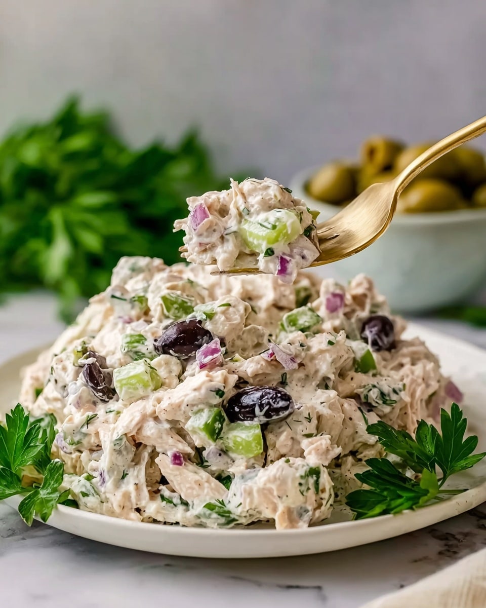 A close-up shot of a creamy chicken salad piled high on a white plate, featuring a mix of shredded white chicken, small pieces of bright green celery, chopped red onion, and whole black olives scattered throughout. The salad is coated in a thick, white creamy dressing with visible green herb flecks, and garnished with fresh green parsley leaves on the sides. Above the plate, a gold fork holds a bite of the salad, showing the chunky texture and colorful ingredients clearly. The background is softly blurred with hints of fresh parsley and a bowl of olives on a white marbled texture. photo taken with an iphone --ar 4:5 --v 7