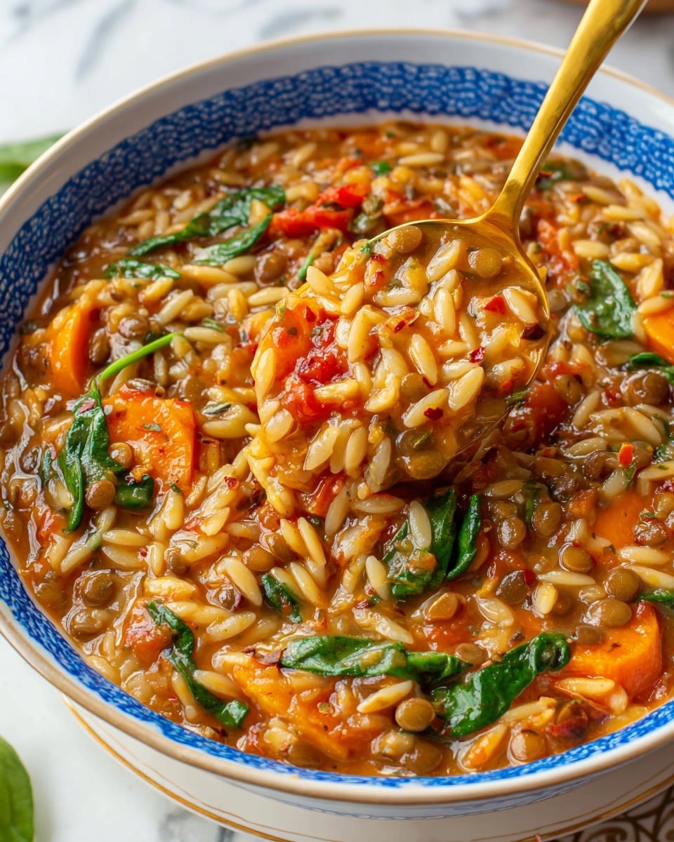 A bowl of stew-like dish with three visible layers: the bottom white bowl with light blue patterns around the edge, the middle layer filled with a rich mixture of small lentils, orzo pasta, chopped yellow bell peppers, and halved cherry tomatoes in a thick, orange-brown broth with some bits of green spinach scattered throughout, topped with a sprinkling of red pepper flakes. A gold spoon is partially dipped into the food on the right side, and the whole bowl is placed on a white marbled textured surface with some tomatoes, dried chili, bay leaves, and garlic nearby. Photo taken with an iphone --ar 4:5 --v 7