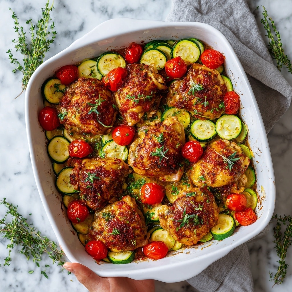 A white baking dish filled with four golden-brown baked chicken pieces on top, each with a slightly crispy, herb-speckled crust. Underneath and around the chicken are thinly sliced, light green zucchini rounds and bright red roasted cherry tomatoes. The dish is garnished with chopped fresh green herbs, scattered evenly over the chicken and vegetables. The creamy sauce beneath the layers has a light yellow color, visible in some spots, giving a rich, smooth texture that holds the ingredients together. The dish sits on a white marbled surface with a blurred pepper grinder in the background. photo taken with an iphone --ar 4:5 --v 7