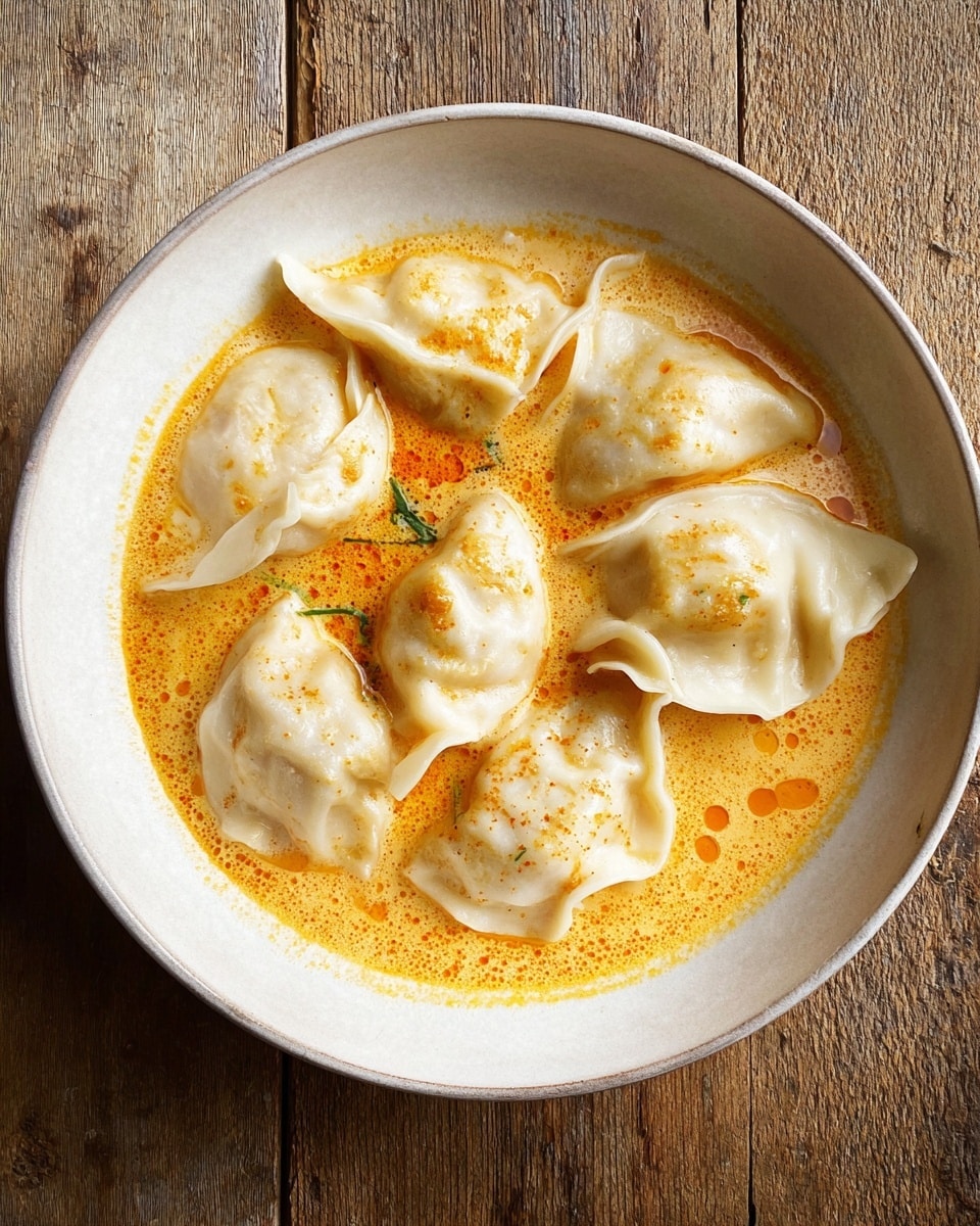A white bowl sits on a white marbled surface, filled with five soft, silky dumplings partly folded with smooth, pale yellow skin. They float in an orange creamy broth that has light oil droplets on top. Small green herb pieces, likely chopped chives, are scattered evenly on the dumplings and broth. A silver spoon rests inside the bowl, lifting one dumpling gently. The whole scene is brightly lit, showing the texture of the dumplings and the creamy soup clearly. photo taken with an iphone --ar 4:5 --v 7