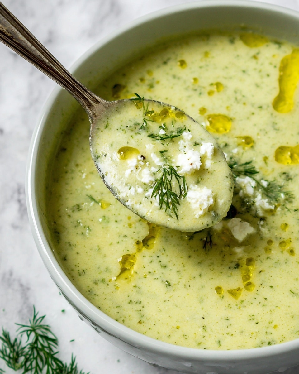 A white bowl filled with creamy light green soup that has a smooth texture with small green specks throughout. The soup is topped with small white crumbles and fresh green dill leaves scattered on the surface. Golden drops of oil add shine and contrast to the top layer. A woman's hand holds an ornate silver spoon dipping into the soup on the right side. The bowl rests on a white marbled surface with a light gray cloth in the background and a small plate of white crumbled cheese nearby. Photo taken with an iphone --ar 4:5 --v 7
