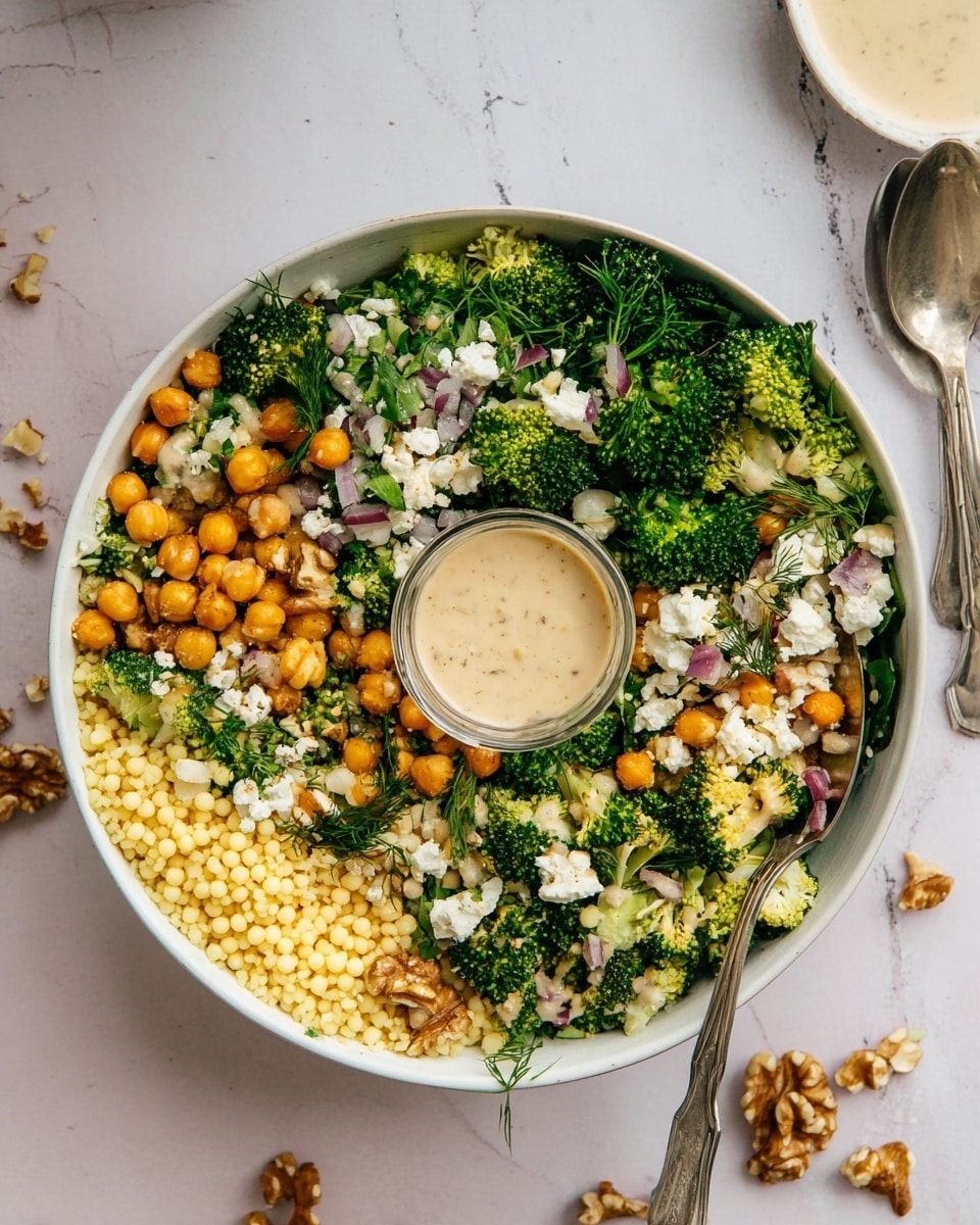 A white bowl filled with a colorful mixed salad with visible layers including light yellow couscous pearls scattered evenly, green broccoli florets and leafy herbs placed in clusters, white crumbled cheese distributed across the top, and a mix of walnut halves and chickpeas spread throughout. In the center, there is a small container with creamy beige dressing. Two silver spoons rest on one side of the bowl. The bowl is placed on a white marbled surface with some walnuts and scattered crumbs nearby. Photo taken with an iphone --ar 4:5 --v 7