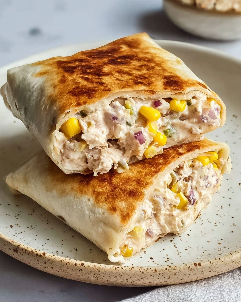 A close-up view of a folded tortilla stuffed with a creamy mixture, showing two layers: the outer layer is a golden-brown, crisp tortilla with a slightly charred texture, and the inside is a thick, creamy filling with visible pieces of bright yellow corn, small purple onion chunks, and pale beige shredded chicken mixed with a white creamy sauce. The tortilla is cut in half, the top half held by a woman's hand with white painted nails, revealing the filling inside. The food rests on a white plate with a subtle speckled pattern, all set against a white marbled background. photo taken with an iphone --ar 4:5 --v 7