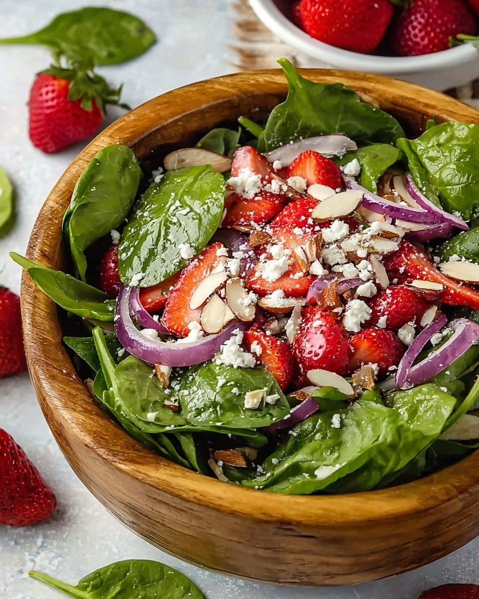 A wooden bowl filled with a fresh salad that has three main layers: bright green spinach leaves at the bottom, topped with sliced red strawberries and thin purple onion rings, and sprinkled with white crumbled cheese and light brown sliced almonds on top. The bowl sits on a white marbled surface with whole strawberries scattered around and a white bowl filled with more strawberries partly visible in the background. photo taken with an iphone --ar 4:5 --v 7