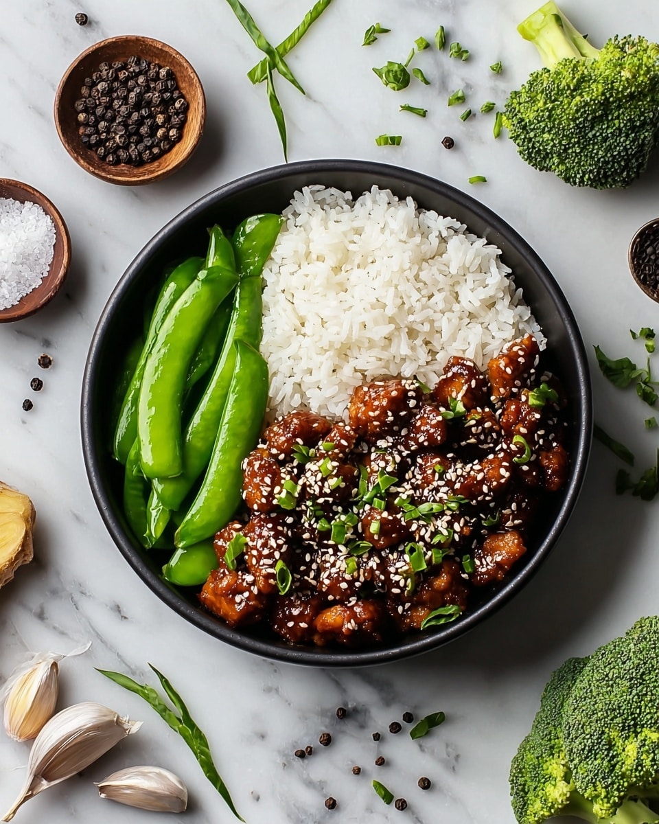 A black bowl with three main layers is shown on a white marbled surface: the bottom layer is white steamed rice, soft and fluffy, filling most of the bowl; the second layer is a generous amount of cooked minced meat with a dark brown sauce, spread evenly over the rice; the top layer consists of small bright green broccoli florets placed around the edge, with some fresh green parsley leaves sprinkled on top of the meat for garnish; around the bowl are whole broccoli pieces, an orange, two small black bowls of colorful peppercorns and coarse salt, and a gray and white checkered cloth. photo taken with an iphone --ar 4:5 --v 7