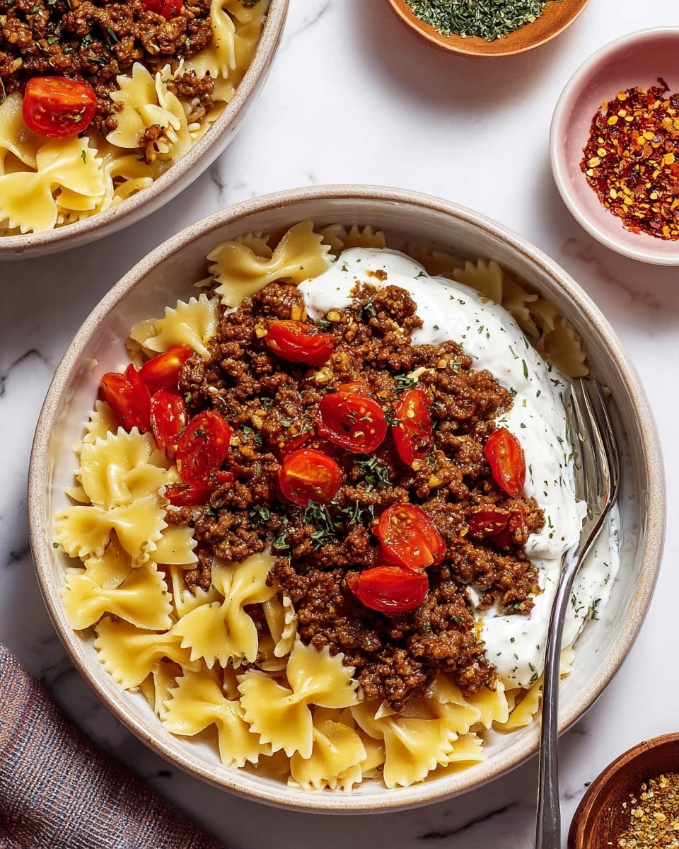 Turkish Pasta with Spiced Ground Beef and Creamy Yogurt Sauce Recipe