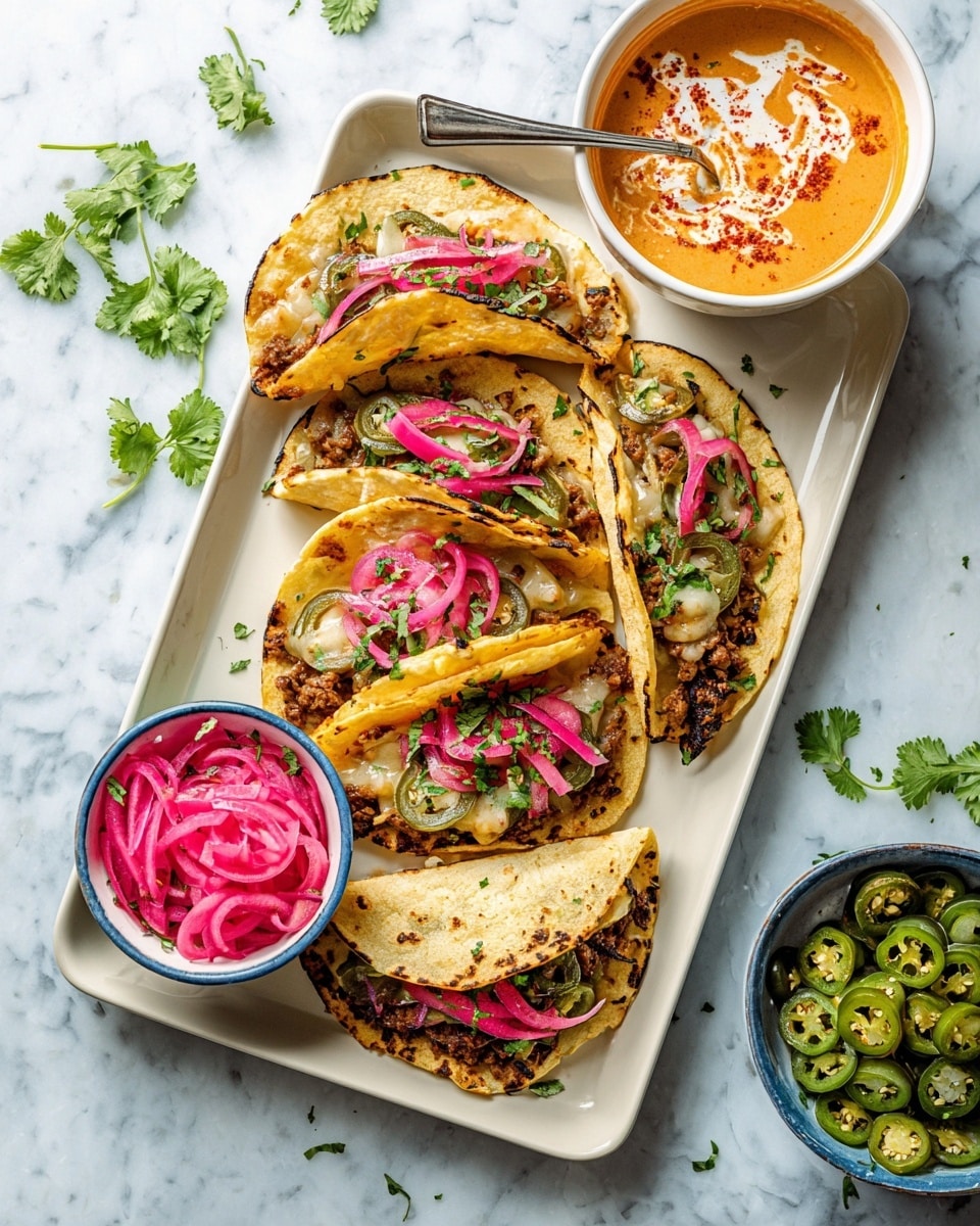 The image shows three folded tacos resting on a white plate, with a small white bowl of orange creamy sauce in the center. Each taco has a soft, slightly toasted tortilla shell sprinkled with small green herb pieces. Inside, there are layers of melted cheese mixed with diced meat and black beans, topped with slices of green jalapeños and bright pink pickled onions. The tacos are arranged leaning against the bowl, and the bowl's sauce has a smooth texture with red chili oil swirled on top. The scene is set on a white marbled surface with a few green herb leaves scattered around. photo taken with an iphone --ar 4:5 --v 7