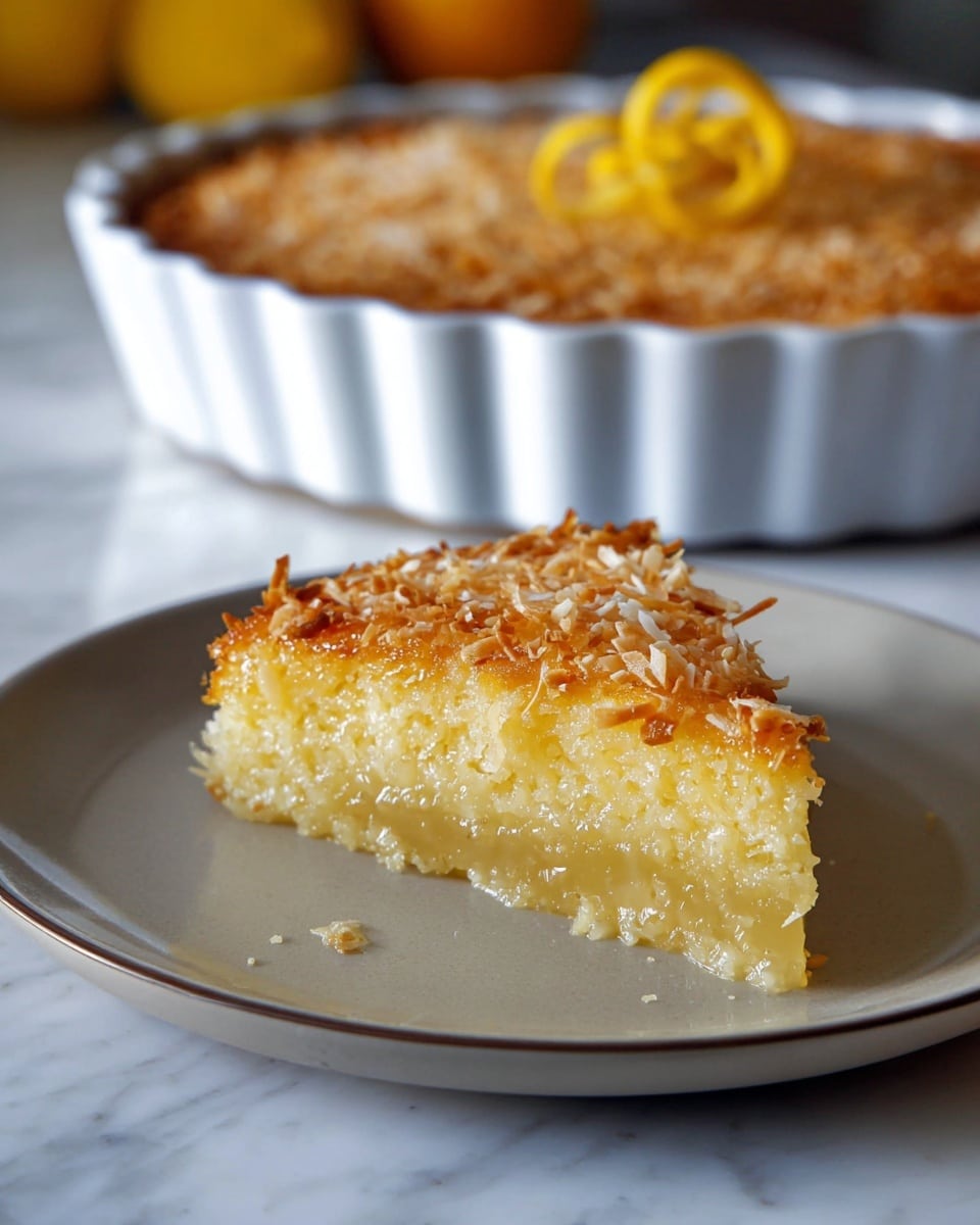 A round baked dish in a white scalloped ceramic pan shows one visible layer: a golden brown textured top with crispy strands and melted cheese covering it evenly. The center is decorated with two small overlapping orange slices, one lying flat and the other curved. The pan is placed on a wooden surface, with a bowl of whole oranges and a patterned cloth visible in the blurred background, which is a white marbled texture. photo taken with an iphone --ar 4:5 --v 7