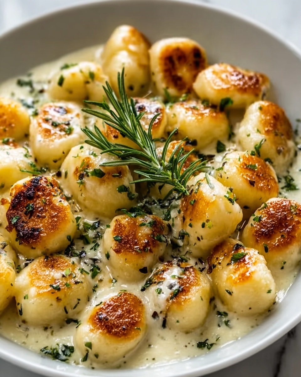 A close-up of a white plate filled with about 20 small, golden-brown gnocchi pieces, each with a slightly crispy exterior and soft creamy texture beneath. The gnocchi is covered in white creamy sauce, sprinkled with green herbs, and topped with a fresh green rosemary sprig in the center. The background shows a white marbled texture. photo taken with an iphone --ar 4:5 --v 7
