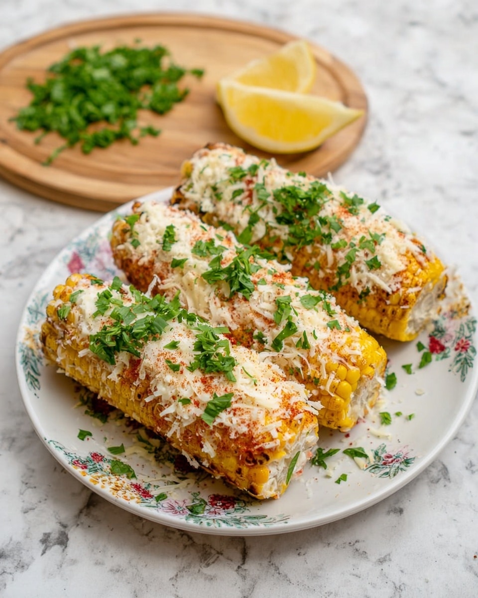 Four pieces of corn on the cob are arranged on a white plate with a floral pattern. Each corn piece is coated with a creamy white sauce, sprinkled generously with grated white cheese and some red seasoning. Bright green chopped parsley is scattered on top of the corn and plate, adding fresh color. A lemon wedge and some extra parsley sit on a round wooden board behind the plate. The whole scene is set on a white marbled surface. Photo taken with an iphone --ar 4:5 --v 7