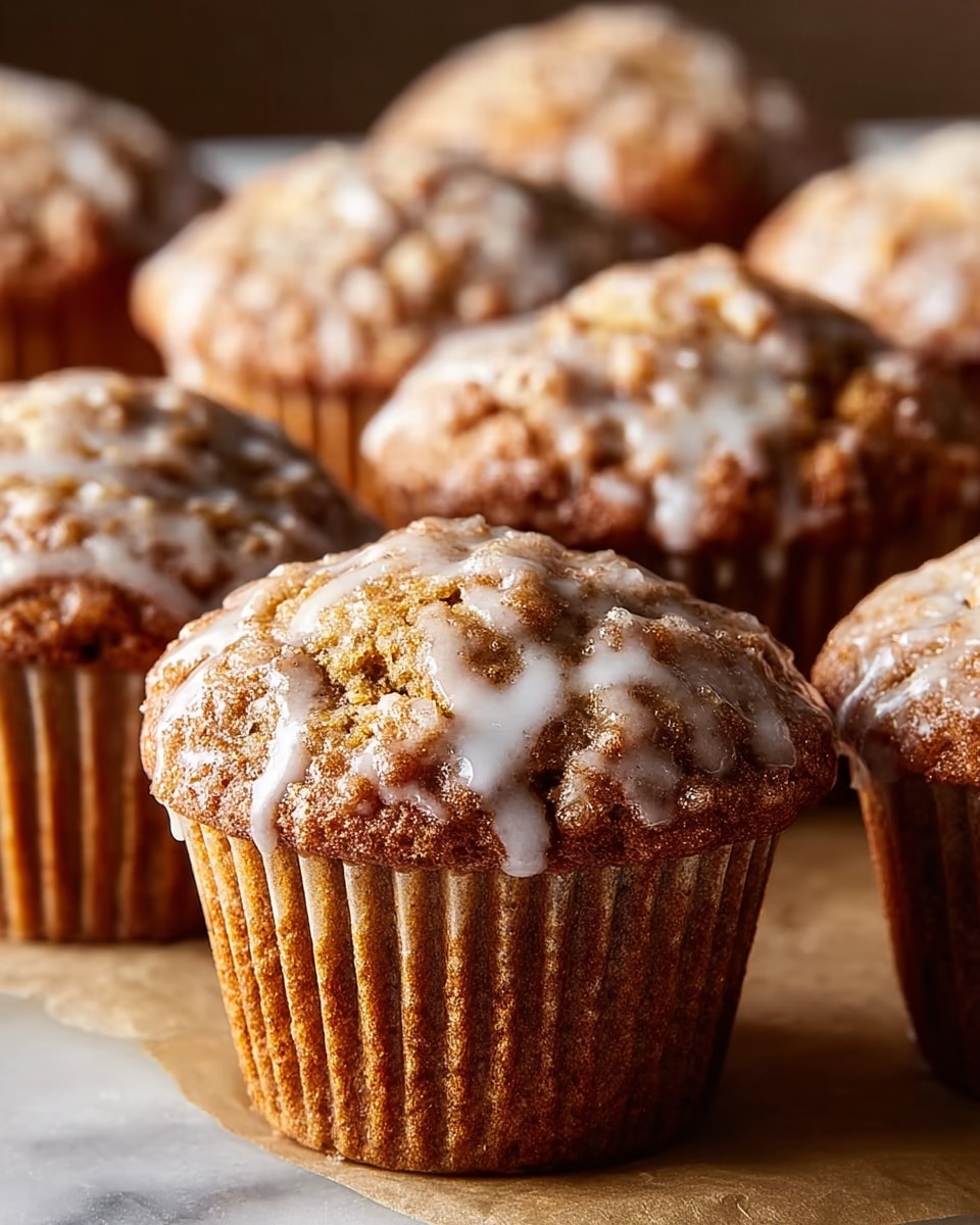 A close-up view of seven muffins with a golden brown, rough-textured top covered in white glaze drizzled unevenly; the muffins have thick, ridged sides with a warm brown color, sitting on light brown parchment paper over a white marbled surface; the background is softly blurred showing more muffins in warm light. photo taken with an iphone --ar 4:5 --v 7
