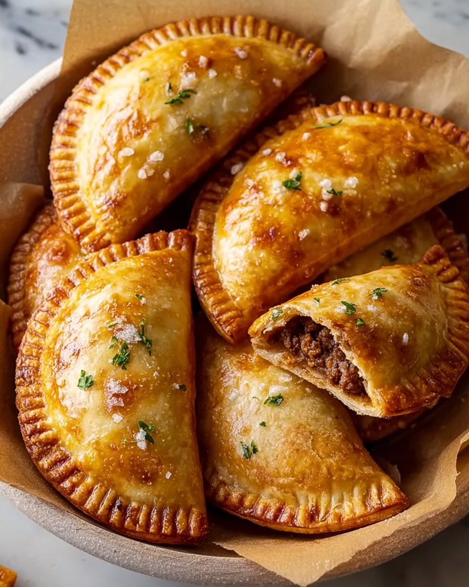 The image shows a white bowl lined with brown parchment paper holding five golden brown empanadas. Each empanada has a half-moon shape with a crimped edge showing a darker golden hue. The surface of the empanadas is bubbly and crispy with some coarse salt and small green herb pieces sprinkled on top. One empanada is cut in half, placed on the top right, revealing a rich brown meat filling inside its flaky crust. The bowl rests on a white marbled surface. photo taken with an iphone --ar 4:5 --v 7
