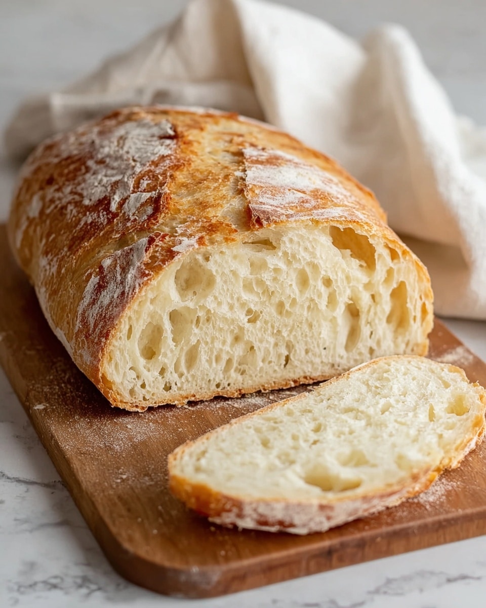 A loaf of crusty bread is placed on a wooden cutting board on a white marbled surface. The bread has a golden-brown crust with some white flour dusted on top, creating a rustic look. The loaf has a deep crack and rough texture on its top, showing its crunchy crust. One thick slice lies in front of the loaf, showing a soft, light inside with small holes and a chewy texture. A white cloth with texture is draped beside the bread, adding a cozy feel to the scene. Photo taken with an iphone --ar 4:5 --v 7