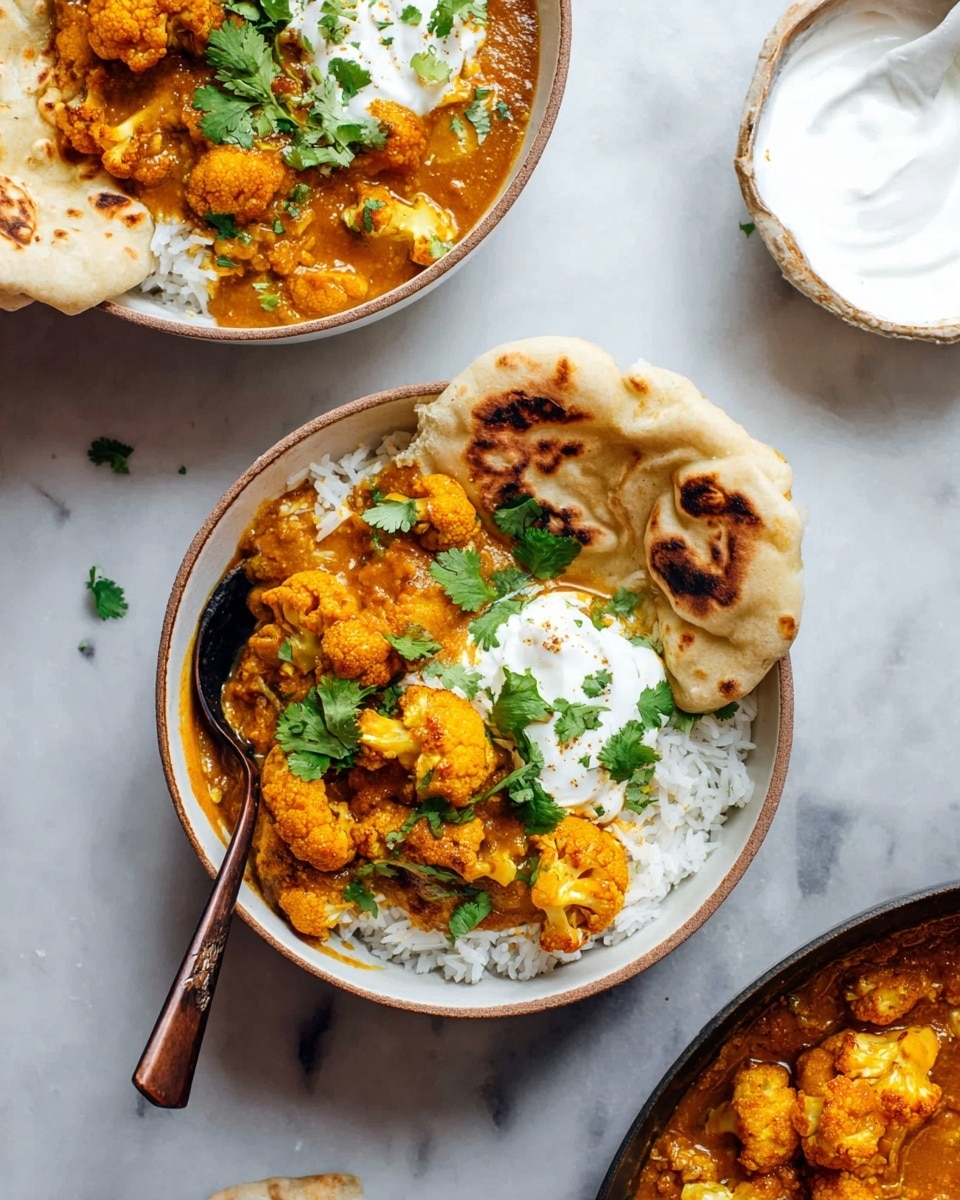 The image shows a white bowl filled with three main layers: the base is white rice with a soft and grainy texture, the middle layer is a thick orange-brown curry sauce with visible pieces of roasted cauliflower coated in the sauce, while a dollop of creamy white yogurt sits on one side, slightly mixed with the curry. On top, fresh green cilantro leaves are scattered, adding a touch of bright color. A piece of slightly browned naan bread is resting against the bowl’s side, and a spoon with a blue and white handle is partially inside the bowl, resting on the rice and sauce. The bowl is placed on a white marbled surface. Photo taken with an iphone --ar 4:5 --v 7