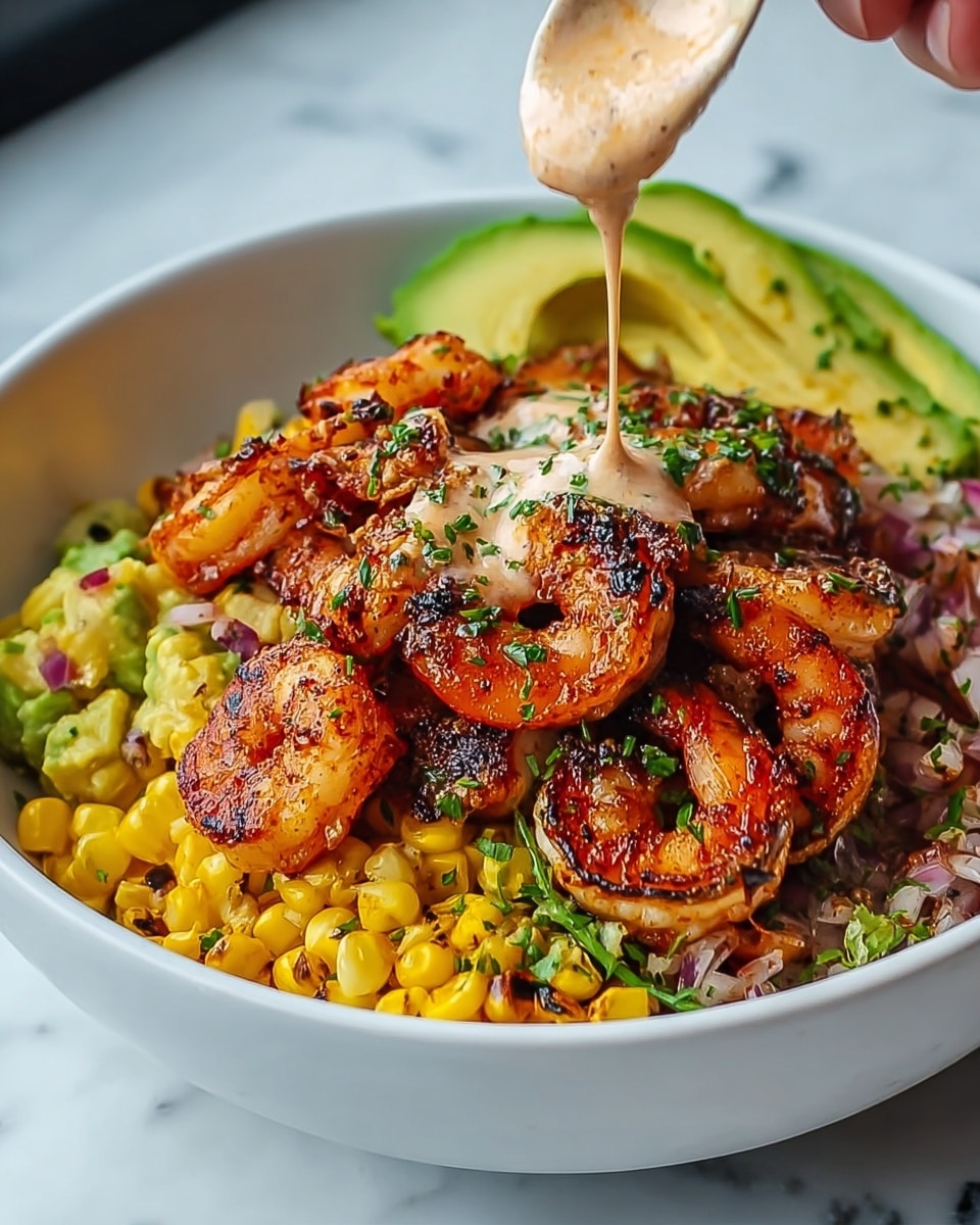A white bowl contains a colorful layered shrimp dish starting with a base of mixed vegetables including yellow corn and diced green and red peppers, topped with several grilled shrimp that are pink with dark grill marks. Behind the shrimp, there are slices of green avocado fanned out neatly. A creamy sauce with herbs and red specks is being poured over the shrimp from a black spoon. The dish is garnished with chopped green herbs scattered across. The background is a white marbled texture. photo taken with an iphone --ar 4:5 --v 7