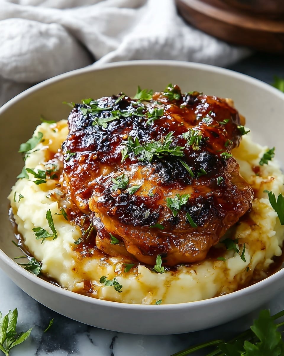 A close-up view of a grilled chicken thigh with a crispy, dark brown charred skin covered in a shiny glaze and sprinkled with bright green parsley leaves, placed on a creamy, golden-yellow mashed potato base that looks lightly browned in spots, all served in a white bowl. The chicken sits centered on the mashed potatoes, which fill the bottom of the bowl, and the white marbled surface is faintly visible around the dish, with some blurred green herbs in the background. photo taken with an iphone --ar 4:5 --v 7