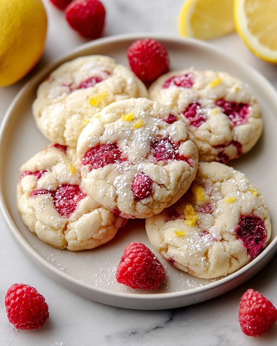 A white plate holds five soft, round cookies with a pale golden color, each topped with bright red raspberries and small chunks of yellow lemon zest spread across the surface. The cookies have a slightly cracked, sugar-dusted texture with the raspberries sinking gently into the dough, giving bursts of red color. Around the plate, fresh raspberries and lemon slices are casually placed on a white marbled surface, with a blurred lemon and other cookies in the background. photo taken with an iphone --ar 4:5 --v 7