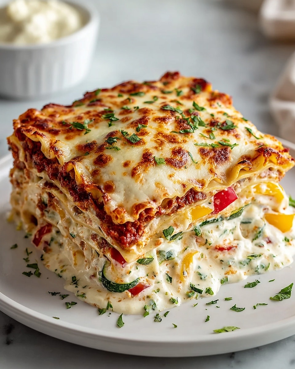 A close-up of a three-layer lasagna on a white plate, showing browned, bubbly cheese with green herb sprinkles on top. The top pasta layer is golden and slightly crispy with melted cheese and herbs. Below, layers reveal creamy white sauce mixed with small pieces of green vegetables, red and yellow bell peppers, and some herbs. The pasta sheets between are pale yellow, soft, and slightly curled at the edges. The plate sits on a white marbled surface with a few scattered herbs around. Photo taken with an iphone --ar 4:5 --v 7