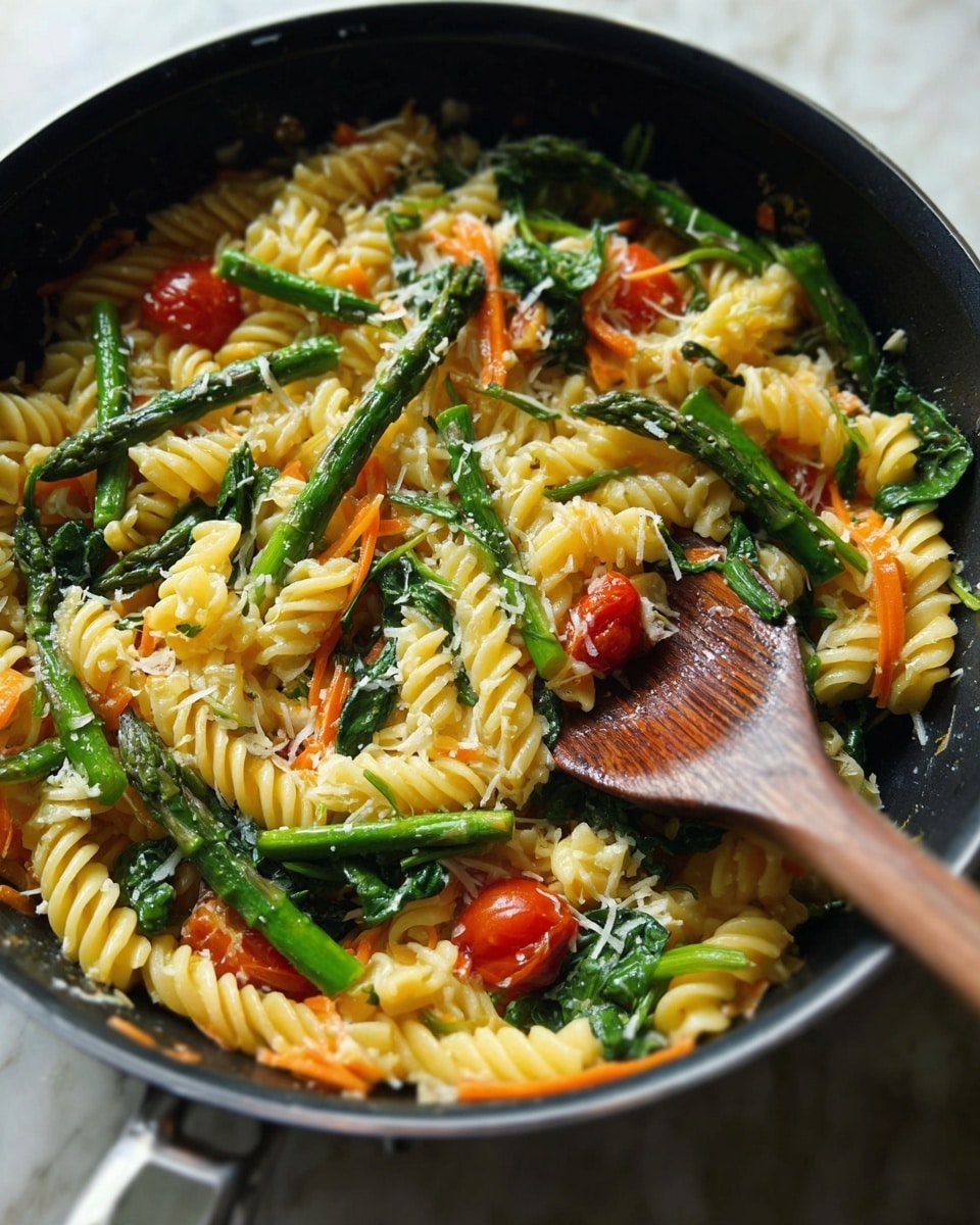 A white bowl filled with three layers of food, starting with a base of yellow creamy spaghetti noodles, topped with bright green peas and vibrant green asparagus spears cut into segments arranged on top evenly, and finished with halved red and yellow cherry tomatoes scattered among the vegetables. The dish is garnished with grated white cheese, small green herb leaves, and a few delicate purple flower petals. The bowl sits on a wooden board with a white marbled texture in the background, and a vintage silver fork rests inside the bowl near the left edge. photo taken with an iphone --ar 4:5 --v 7