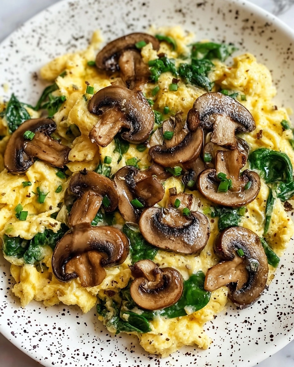In a black frying pan, there is a two-layer mix of soft, yellow scrambled eggs and sautéed brown mushrooms. The eggs make up the bottom layer and have a fluffy texture with some bright green spinach leaves mixed throughout. On top, sliced, cooked mushrooms are spread evenly, slightly browned with a shiny, cooked surface. A few whole spinach leaves are placed on top for contrast. The pan sits on a white marbled surface with scattered fresh spinach leaves around it. photo taken with an iphone --ar 4:5 --v 7
