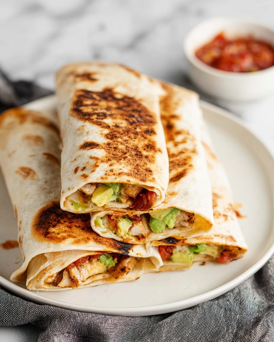 The image shows four grilled burritos on a white plate placed on a gray cloth. Each burrito is folded in half with a slightly crispy and browned tortilla outside. Inside, the burritos have layers of green lettuce pieces, red tomato salsa, and some melted cheese in between. The plate is set on a white marbled surface. In the background, there is a small white bowl with red salsa on a wooden round board and a glass of water nearby. Photo taken with an iphone --ar 4:5 --v 7