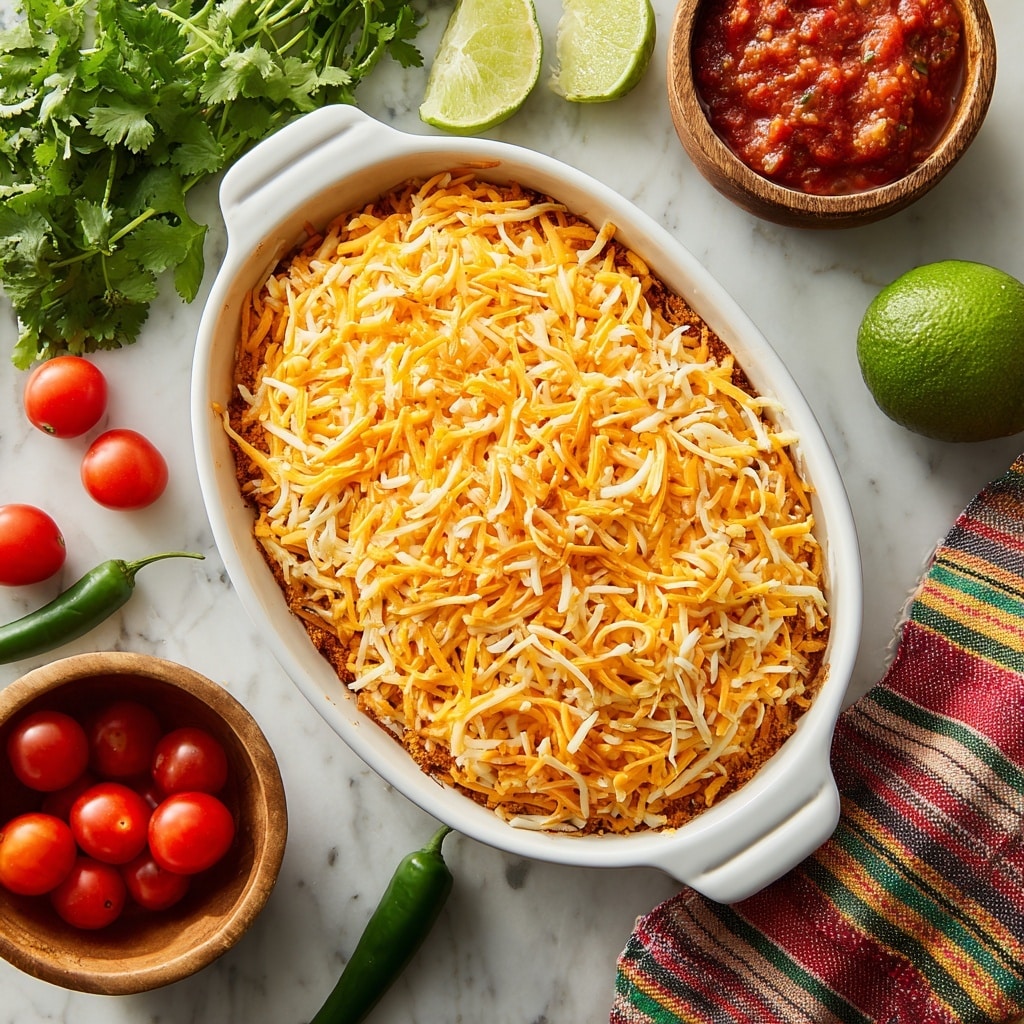 The image shows a white oval baking dish filled with a layered dish topped with shredded cheese in shades of orange and white. The cheese layer is evenly spread covering what seems to be a creamy or mashed base beneath it with a slightly grainy texture. Surrounding the dish on a white marbled surface are green cilantro leaves, half a lime, a wooden bowl of chunky red salsa, a whole avocado, small red cherry tomatoes, a whole green chili pepper, and a plaid kitchen cloth with red, green, and beige stripes. Photo taken with an iphone --ar 4:5 --v 7