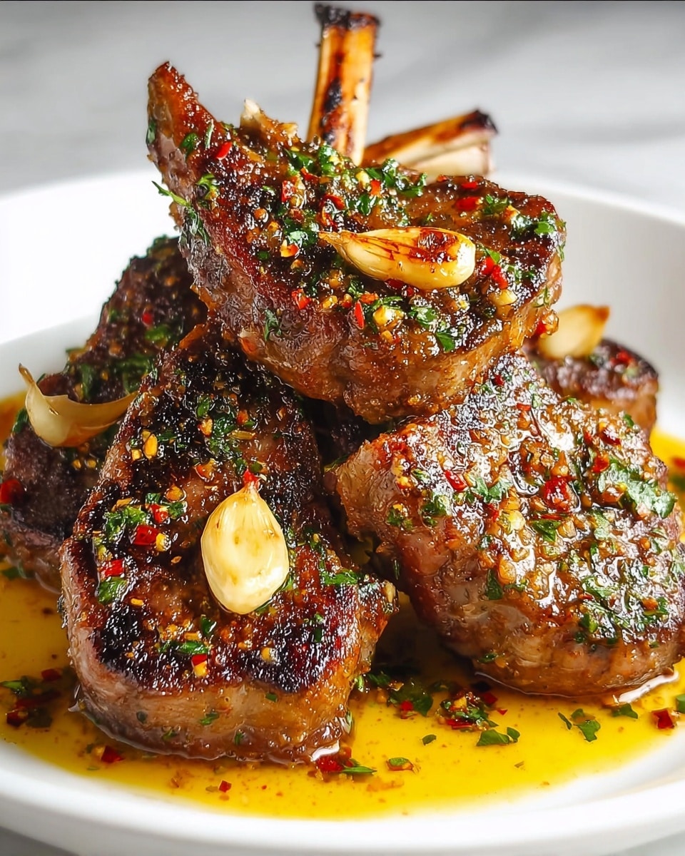 On a white plate resting on a white marbled surface, three grilled lamb chops with a golden brown and slightly charred crust are stacked close together. Each chop is richly coated with a mixture of herbs and crushed spices that create a textured surface with green, red, and black specks. Around the chops, there are a few roasted garlic cloves with a warm light brown color, while pools of bright yellow-orange oil mixed with spices surround the meat, adding a glossy shine. The lamb bones stick upwards, giving height to the dish and showing the rich meat texture below. photo taken with an iphone --ar 4:5 --v 7