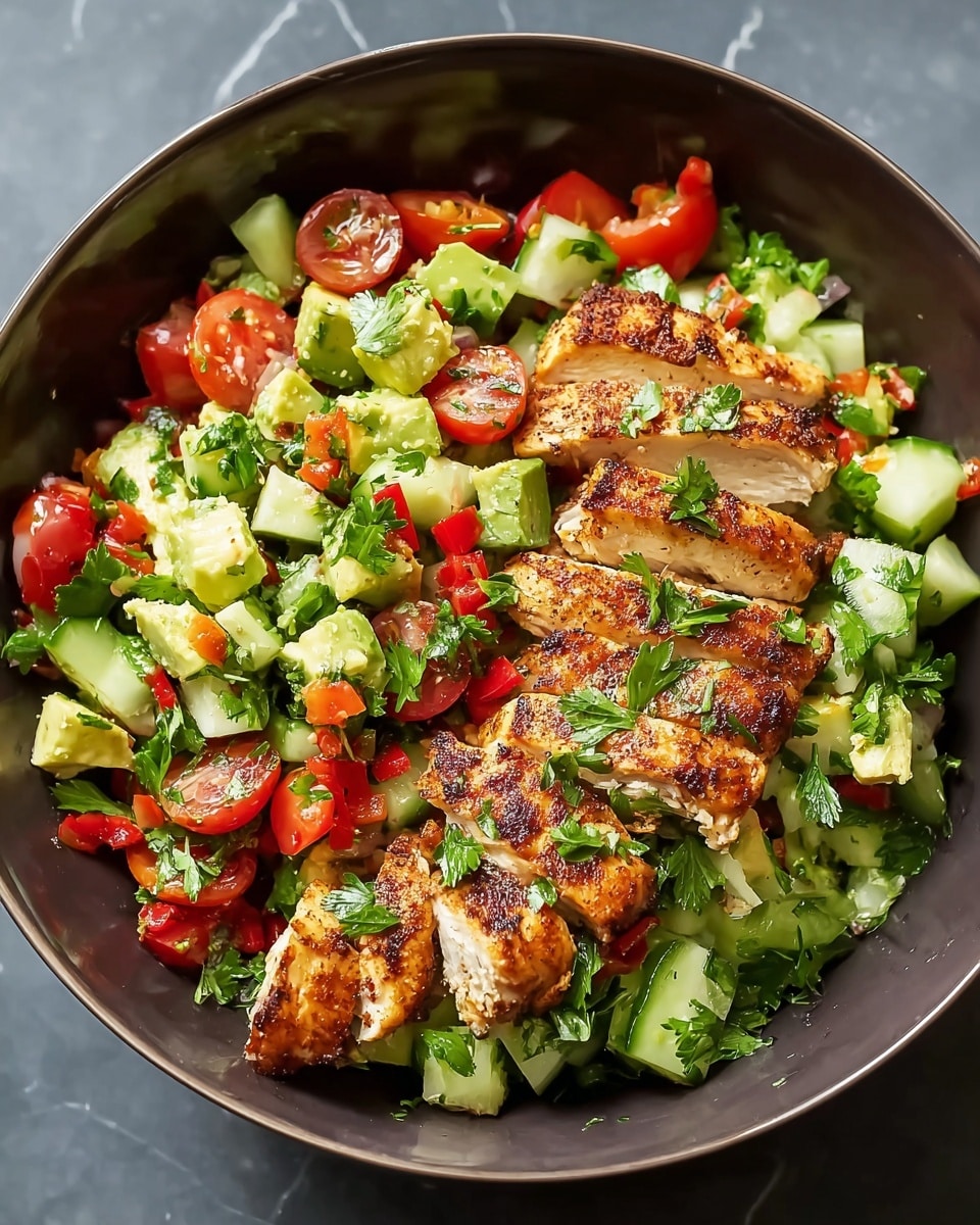 A white bowl holds a fresh salad with three main layers: the bottom layer is a mix of green diced cucumber, red diced bell pepper, and chopped green herbs, all giving a rough texture; the middle layer consists of juicy halved cherry tomatoes adding bright red and orange colors; on top, there is a neatly arranged pile of grilled chicken slices, golden-brown with a slightly charred look and some herbs sprinkled over. The bowl sits on a white marbled surface. photo taken with an iphone --ar 4:5 --v 7
