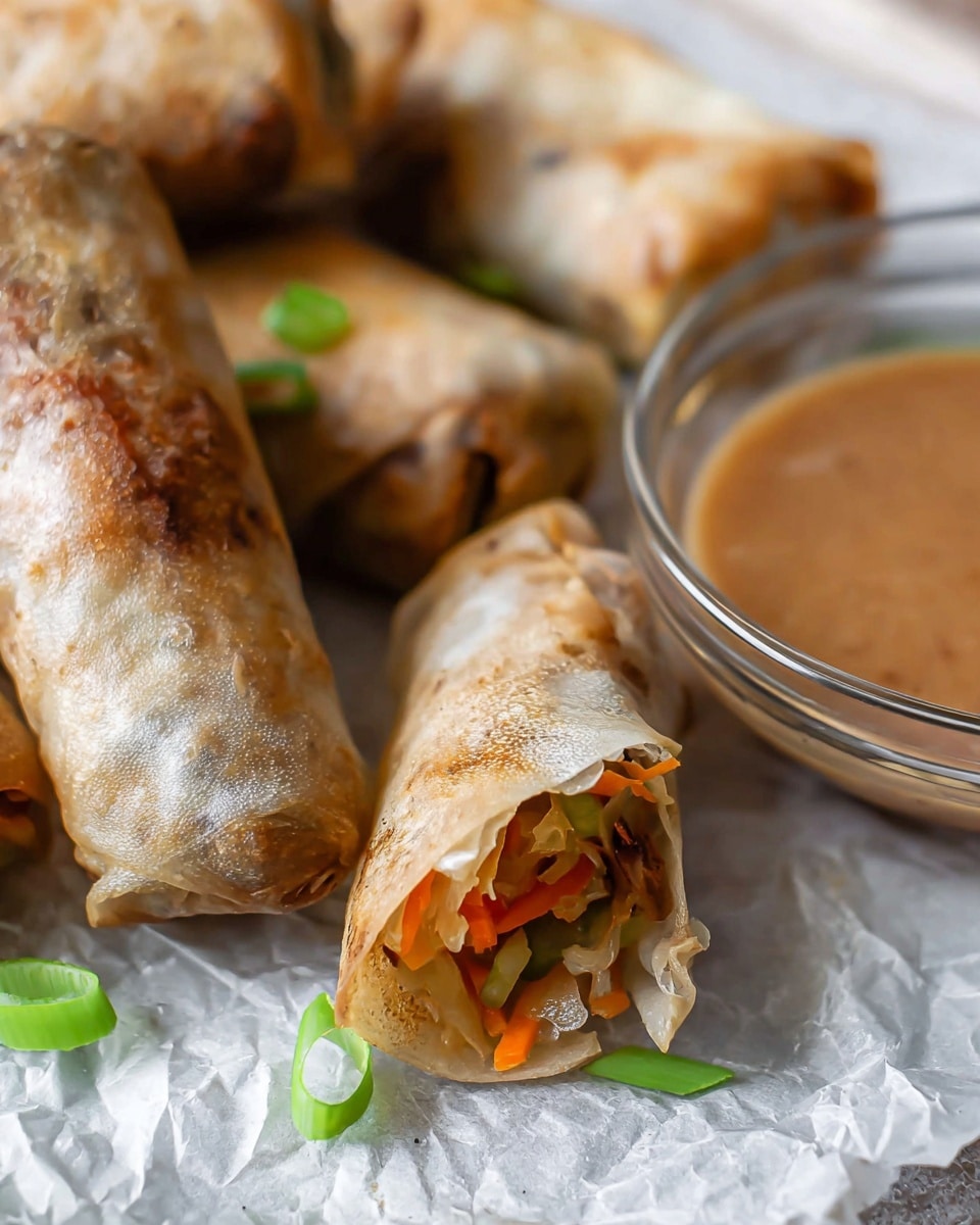 The image shows a metal tray lined with paper, filled with seven translucent spring rolls that have slight brown grilled patches and tiny bubbles on their surface, topped with thin green slices of spring onion scattered around. To the right side of the tray, there is a clear glass bowl holding a thick, creamy brown dipping sauce. The tray is set on a white marbled textured surface with a few green spring onion rings lying around. photo taken with an iphone --ar 4:5 --v 7