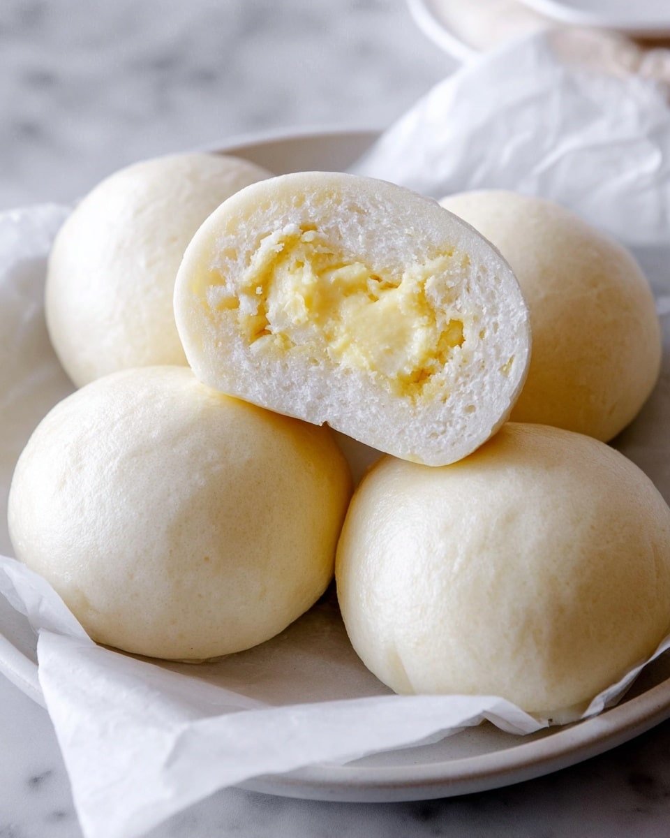 The image shows four soft, round steamed buns placed on small squares of white paper on a white plate with a subtle speckled texture, positioned on a white marbled surface. Three whole buns are smooth and pale, with one bun cut in half and resting on top, revealing a soft, fluffy interior filled with a creamy, pale yellow filling. Nearby, there is another bun on a white paper square and a partial view of chopsticks and a cup at the edge of the frame. The lighting is bright and natural, highlighting the soft textures of the buns and the light, airy filling inside. Photo taken with an iphone --ar 4:5 --v 7