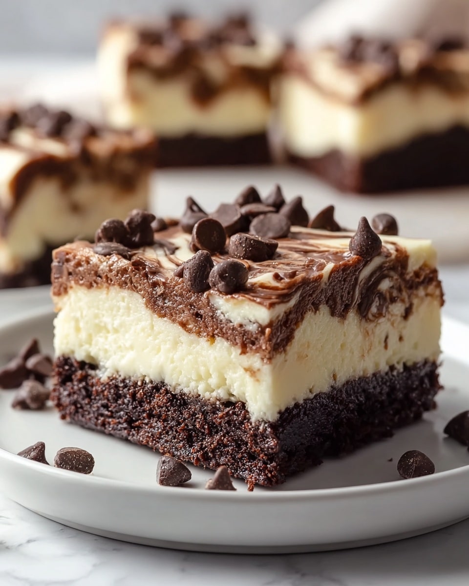 A close-up of a three-layer dessert square on a white plate sitting on a white marbled surface, the bottom layer is a dark, rich chocolate cake, the middle layer is thick and creamy with an off-white color, and the top layer is a mix of smooth milk chocolate swirls with a creamy white base, sprinkled generously with dark chocolate chips. The texture of the bottom layer looks moist and crumbly, while the middle layer appears soft and smooth, topped with glossy chocolate and cream. There are also a few chocolate chips scattered around the plate. Photo taken with an iphone --ar 4:5 --v 7